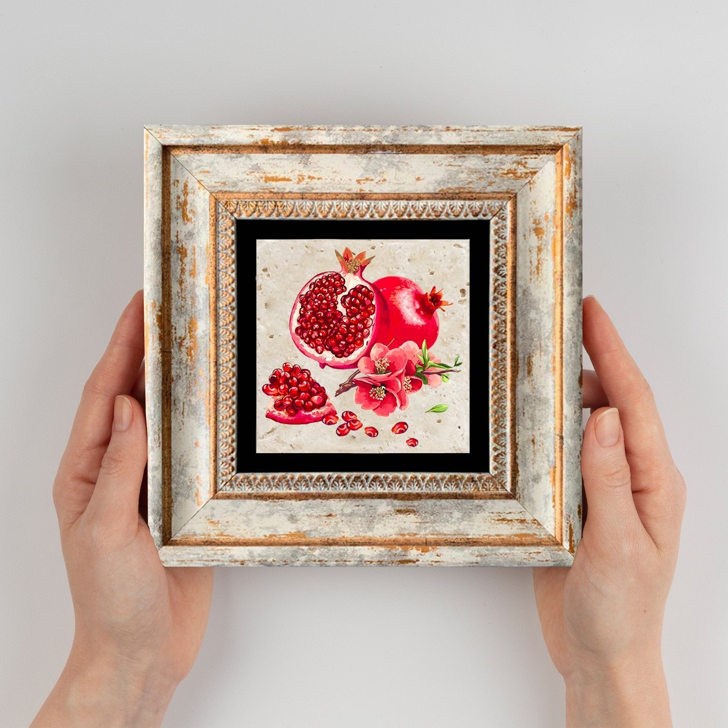 Pintura decorativa emoldurada – 20 x 20 cm – pedra e madeira