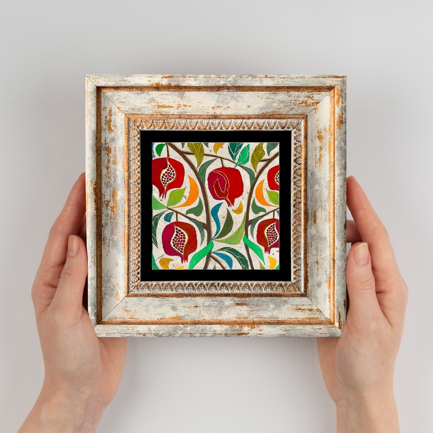 Quadro Decorativo em Pedra Natural com Moldura de Madeira - Impressão UV Multicolor 20x20cm