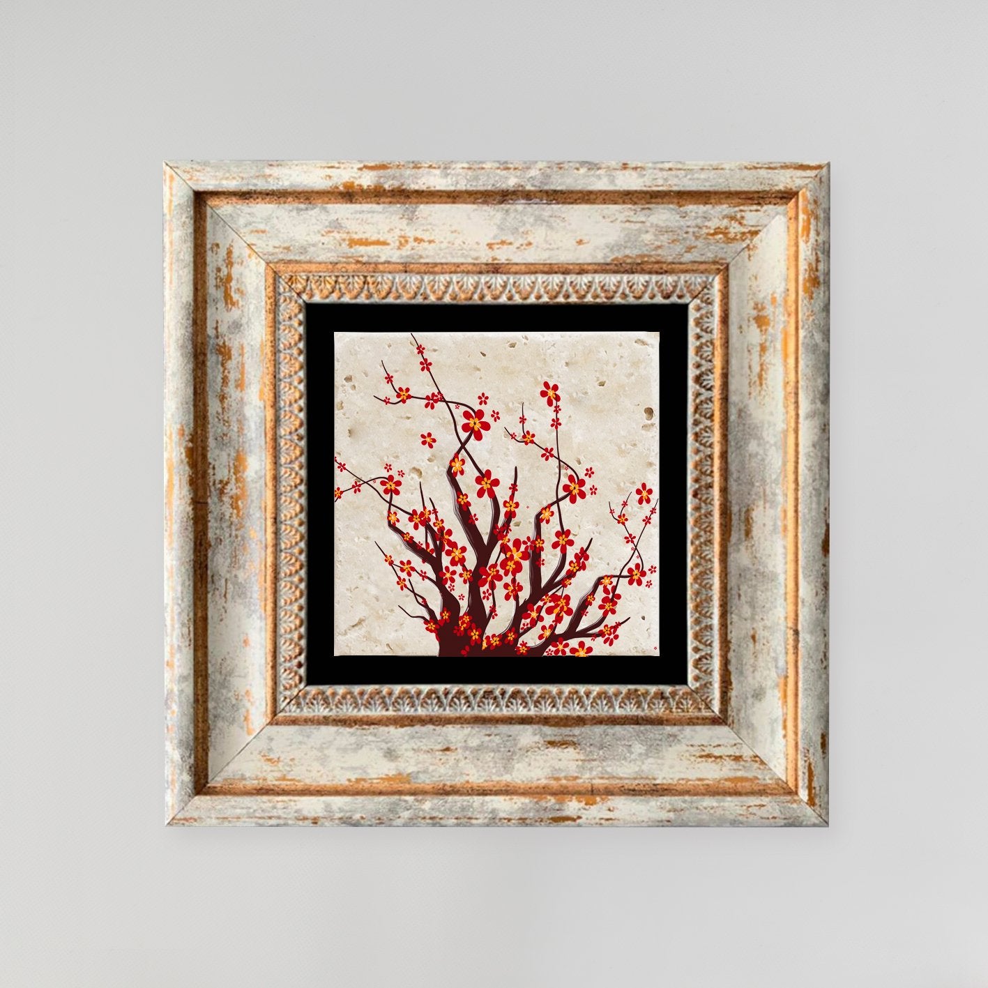 Quadro Decorativo em Pedra Natural com Moldura de Madeira - Impressão UV Multicolor 20x20cm