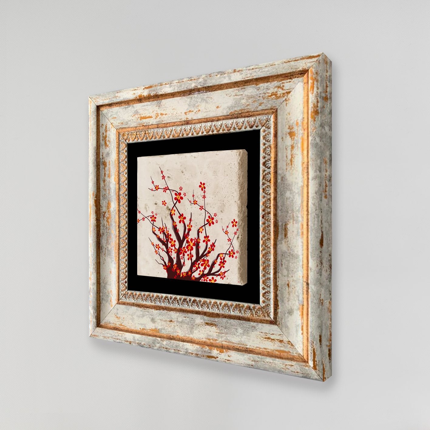 Quadro Decorativo em Pedra Natural com Moldura de Madeira - Impressão UV Multicolor 20x20cm