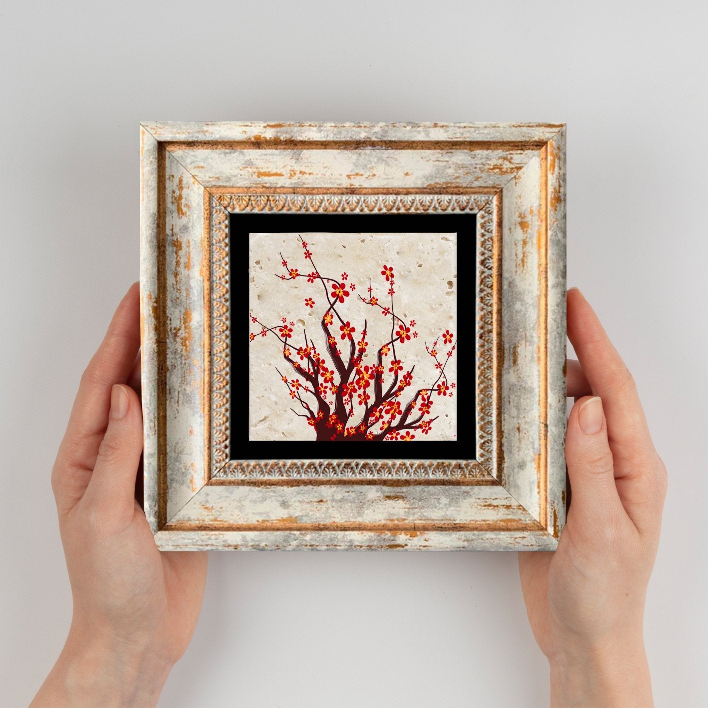 Quadro Decorativo em Pedra Natural com Moldura de Madeira - Impressão UV Multicolor 20x20cm