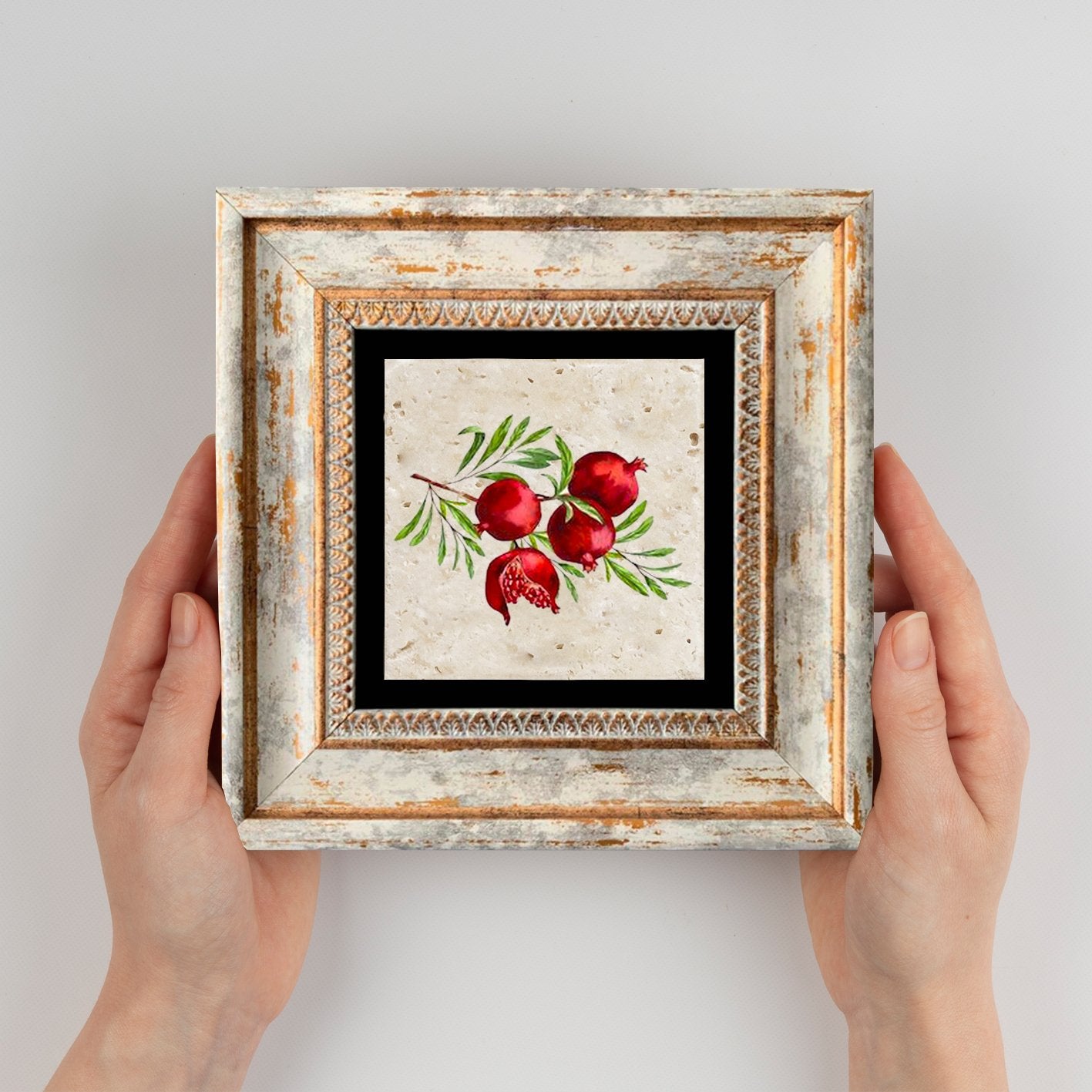 Quadro Decorativo em Pedra Natural com Moldura de Madeira - Impressão UV Multicolor 20x20cm