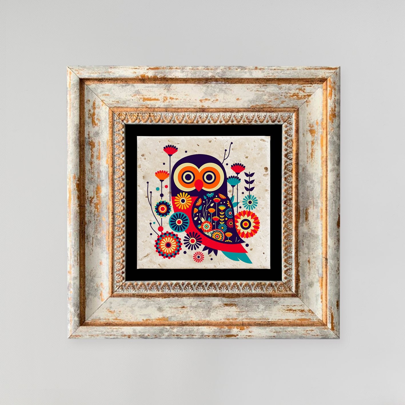 Quadro Decorativo em Pedra Natural com Moldura de Madeira - Impressão UV Multicolor 20x20cm