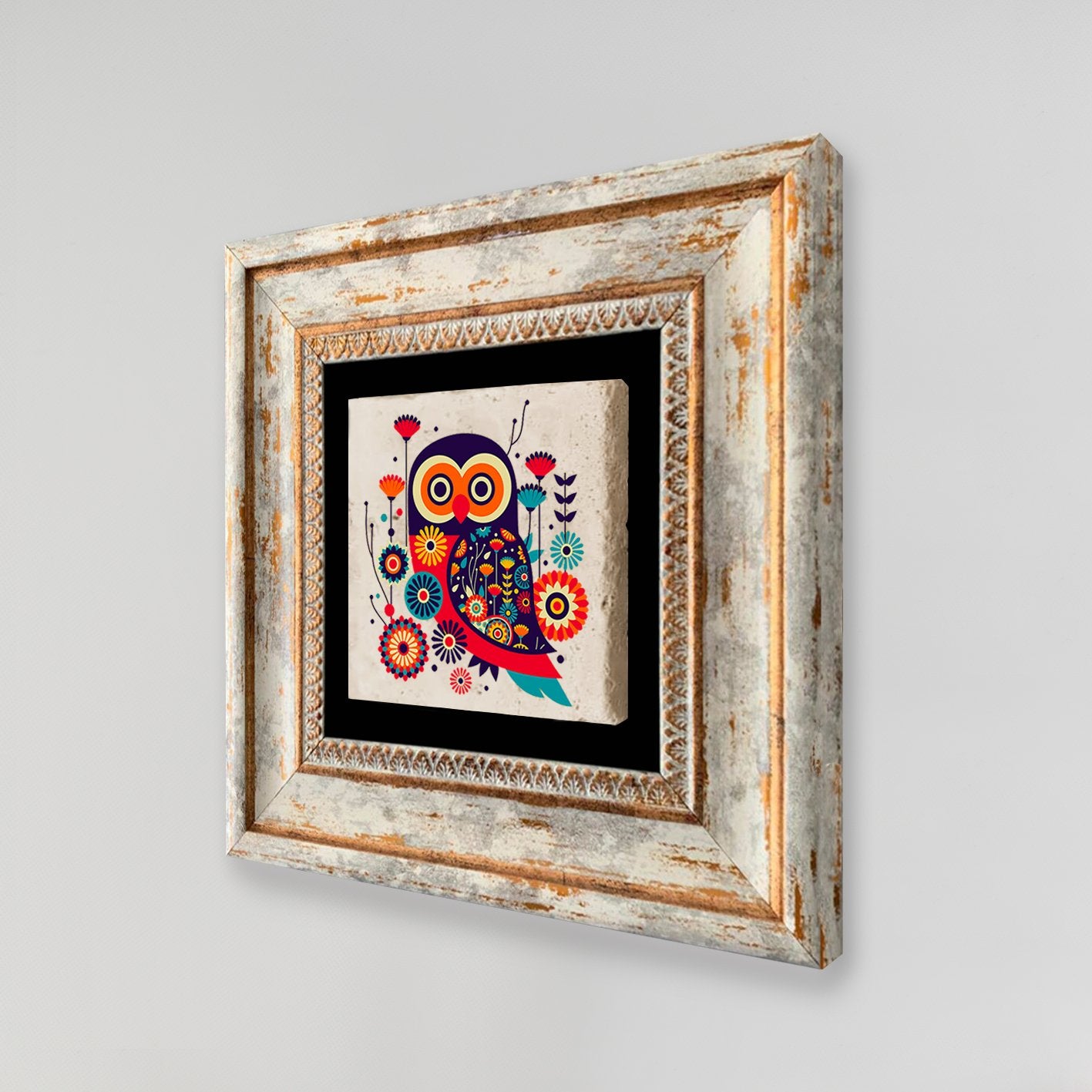 Quadro Decorativo em Pedra Natural com Moldura de Madeira - Impressão UV Multicolor 20x20cm