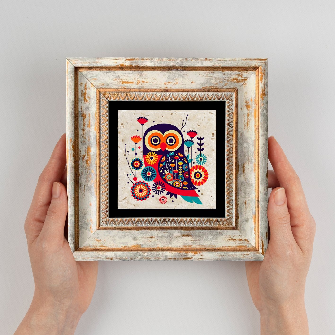 Quadro Decorativo em Pedra Natural com Moldura de Madeira - Impressão UV Multicolor 20x20cm