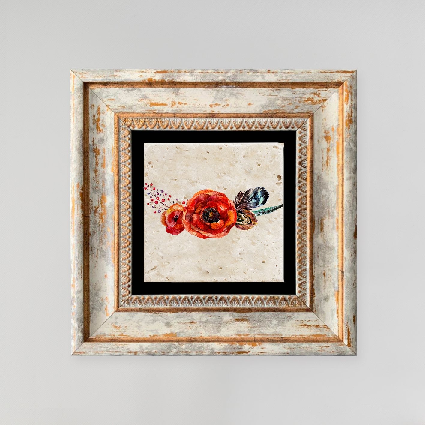 Quadro Decorativo em Pedra Natural com Moldura de Madeira - Impressão UV Multicolor 20x20cm