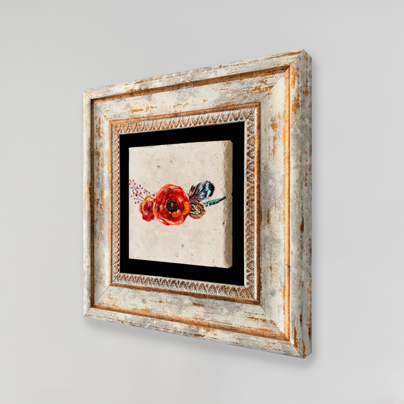 Quadro Decorativo em Pedra Natural com Moldura de Madeira - Impressão UV Multicolor 20x20cm