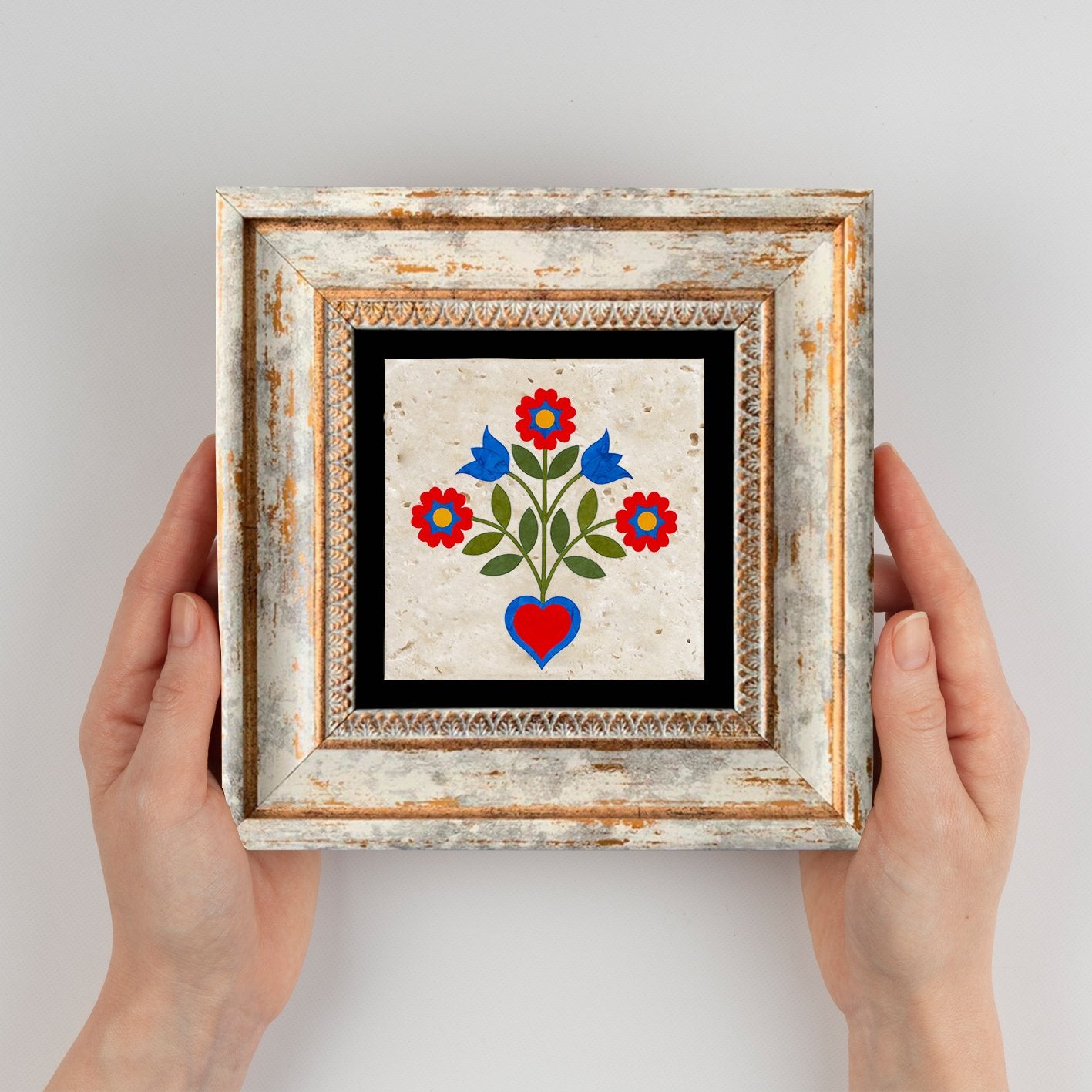 Quadro Decorativo em Pedra Natural com Moldura de Madeira - Impressão UV Multicolor 20x20cm