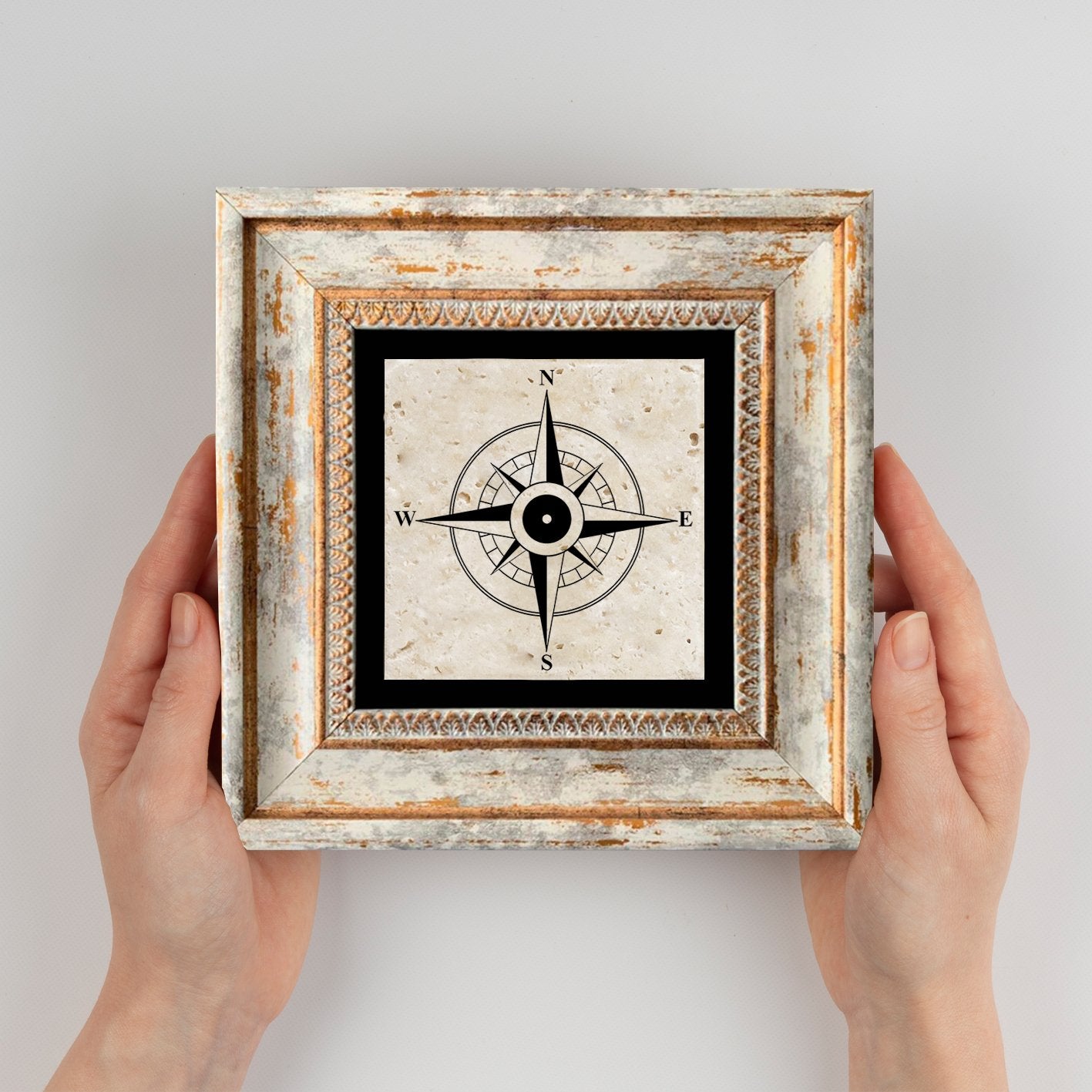 Quadro Decorativo em Pedra Natural com Moldura de Madeira - Impressão UV Multicolor 20x20cm