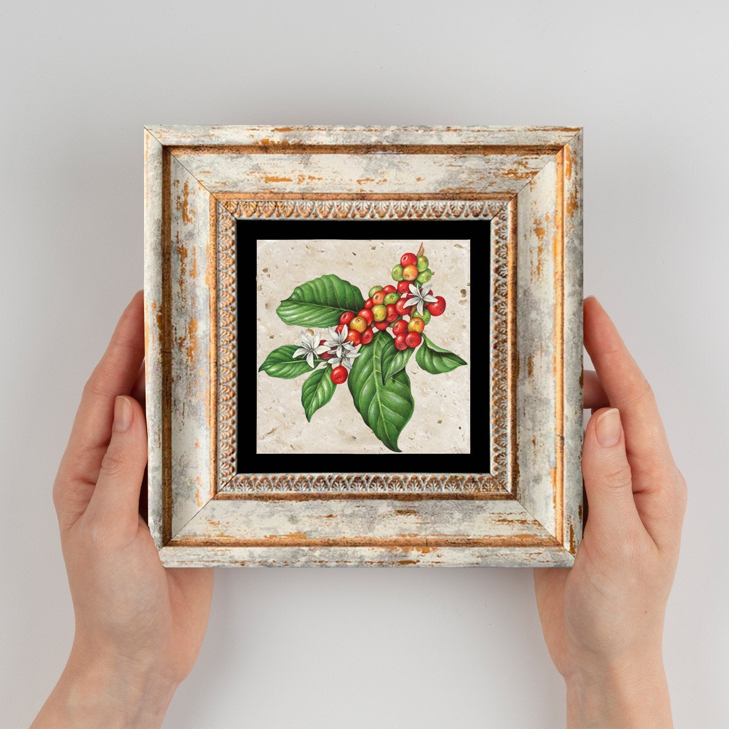 Pintura decorativa emoldurada – 20 x 20 cm – pedra e madeira