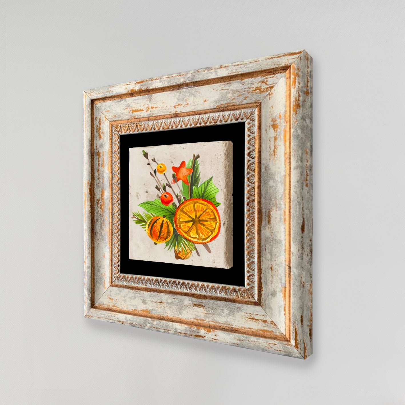 Quadro Decorativo em Pedra Natural com Moldura de Madeira - Impressão UV Multicolor 20x20cm