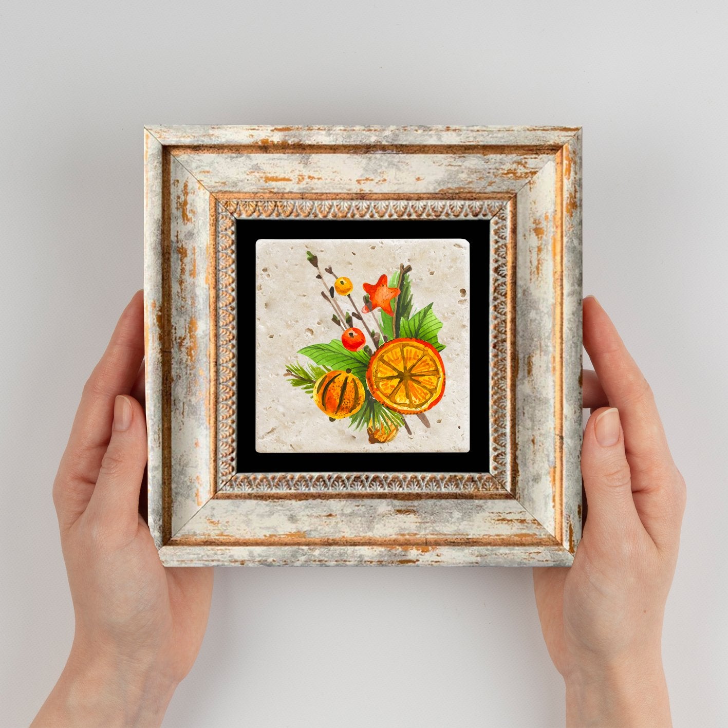 Quadro Decorativo em Pedra Natural com Moldura de Madeira - Impressão UV Multicolor 20x20cm