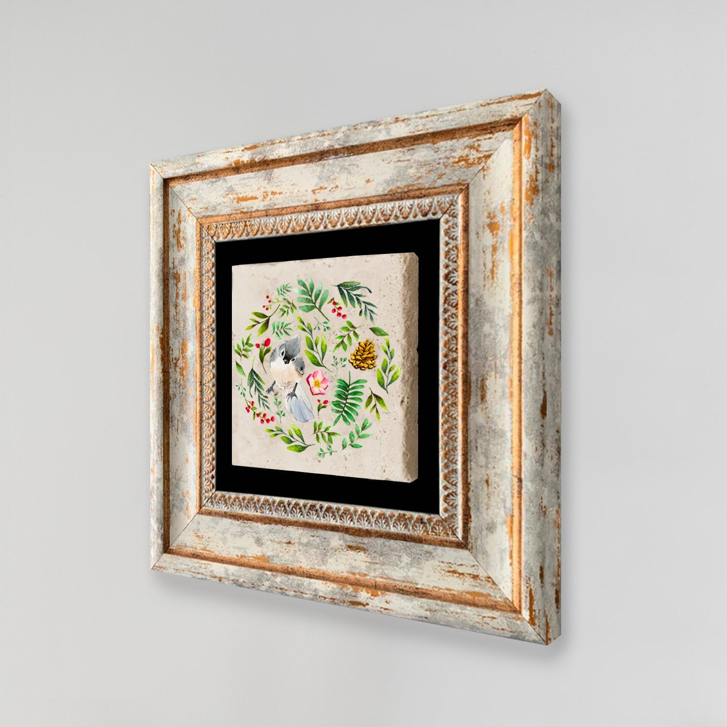 Quadro Decorativo em Pedra Natural com Moldura de Madeira - Impressão UV Multicolor 20x20cm