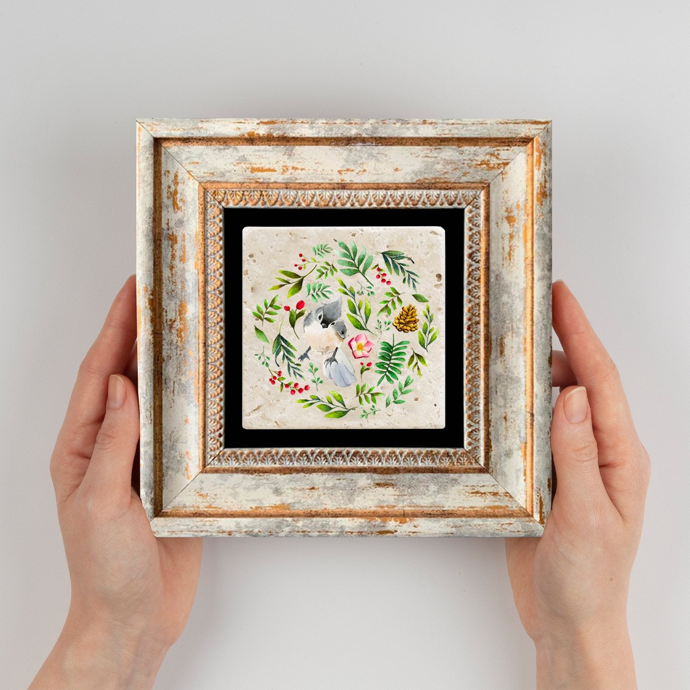 Quadro Decorativo em Pedra Natural com Moldura de Madeira - Impressão UV Multicolor 20x20cm