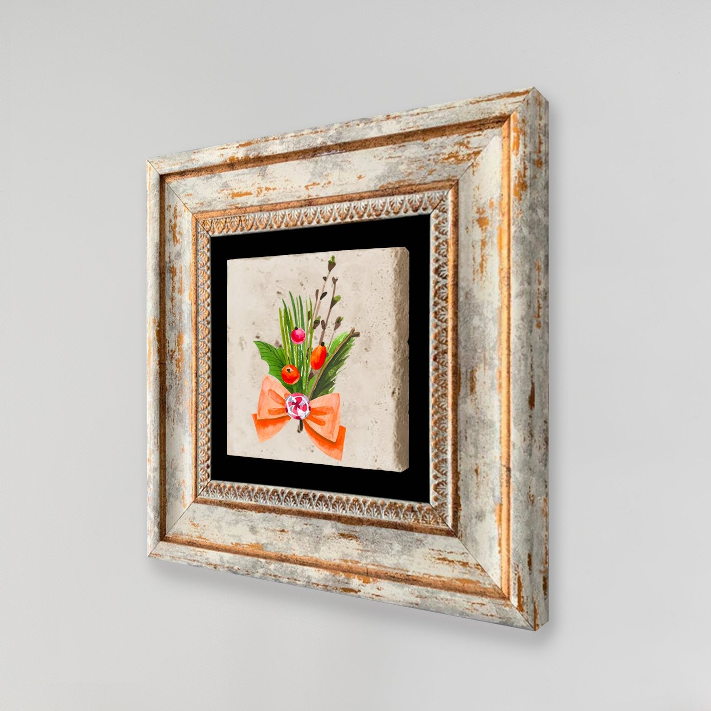 Quadro Decorativo em Pedra Natural com Moldura de Madeira - Impressão UV Multicolor 20x20cm