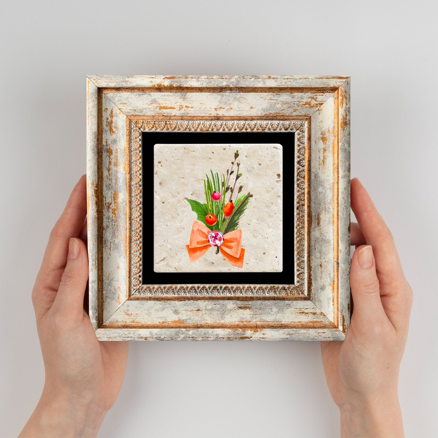 Quadro Decorativo em Pedra Natural com Moldura de Madeira - Impressão UV Multicolor 20x20cm