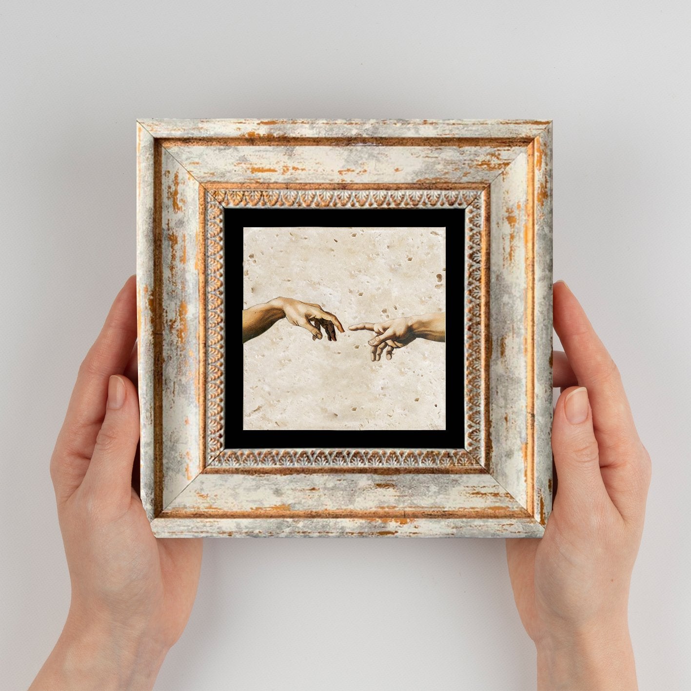 Quadro Decorativo em Pedra Natural com Moldura de Madeira - Impressão UV Multicolor 20x20cm