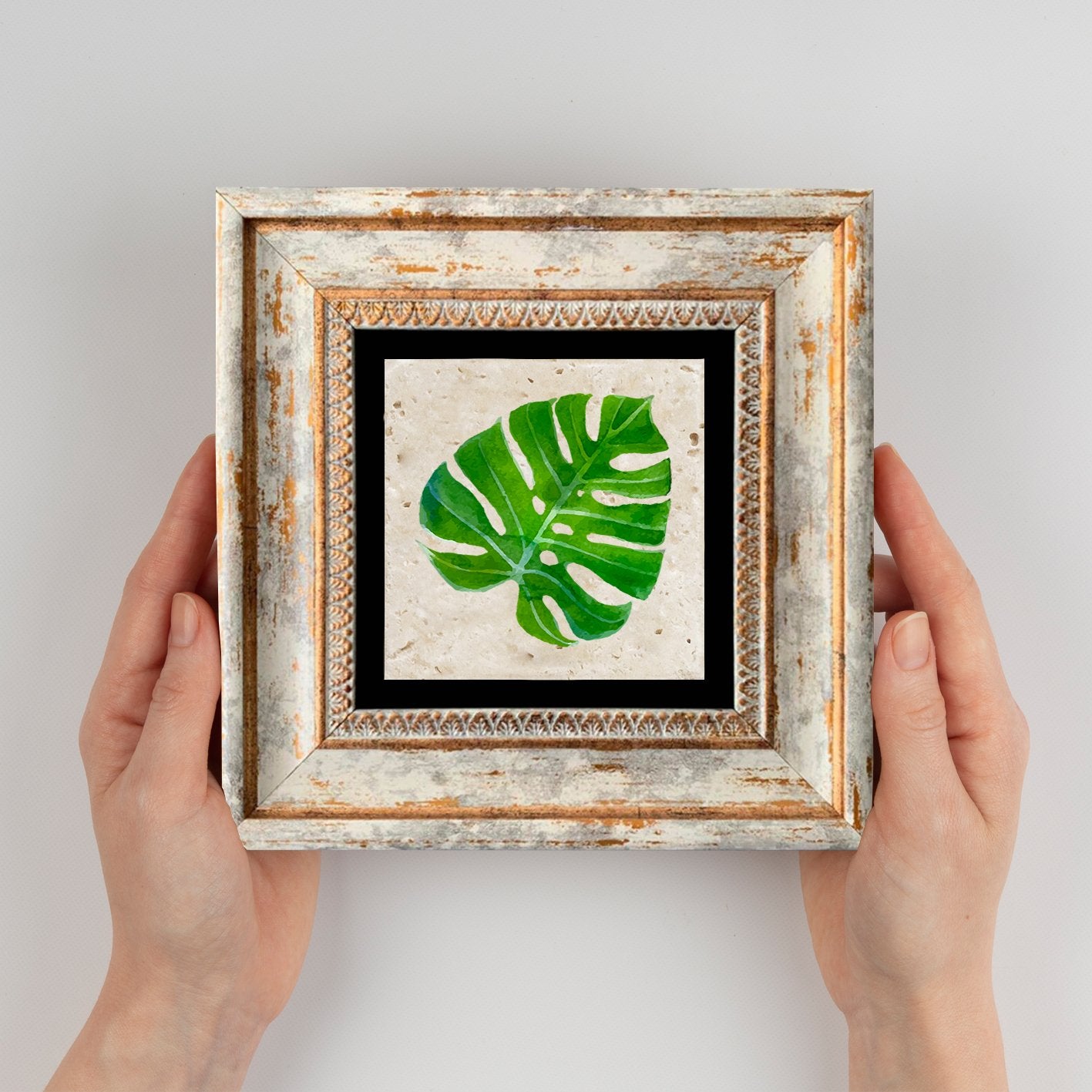 Quadro Decorativo em Pedra Natural com Moldura de Madeira - Impressão UV Multicolor 20x20cm