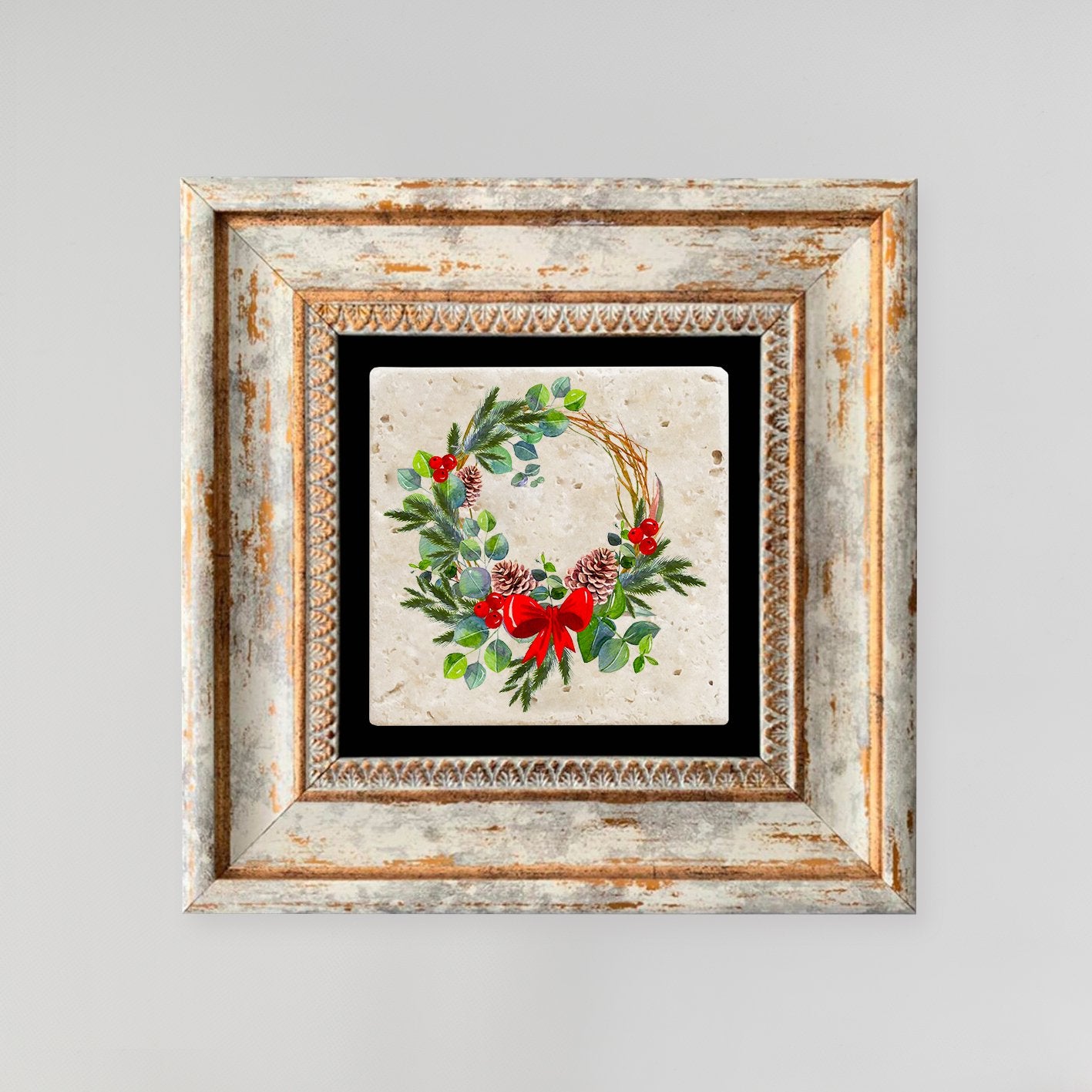 Quadro Decorativo em Pedra Natural com Moldura de Madeira - Impressão UV Multicolor 20x20cm