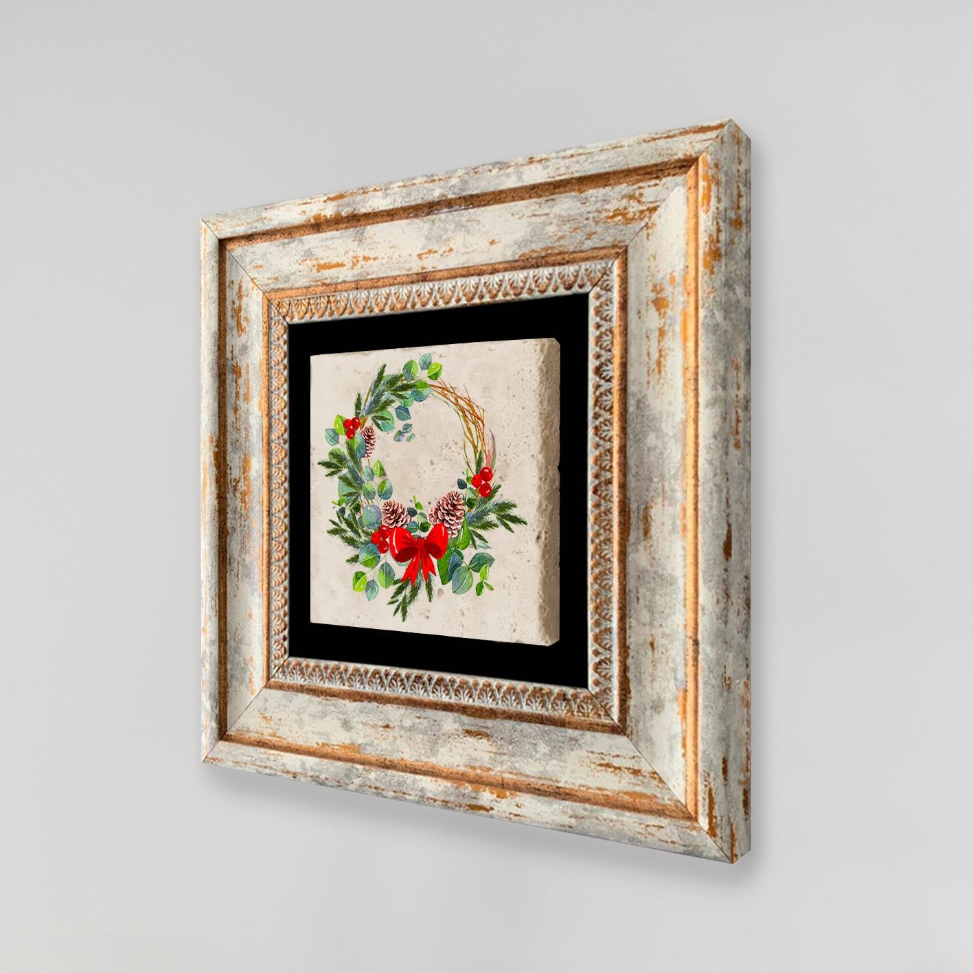 Quadro Decorativo em Pedra Natural com Moldura de Madeira - Impressão UV Multicolor 20x20cm