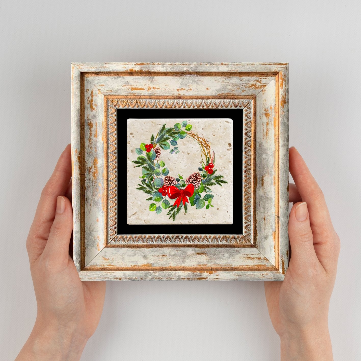 Quadro Decorativo em Pedra Natural com Moldura de Madeira - Impressão UV Multicolor 20x20cm