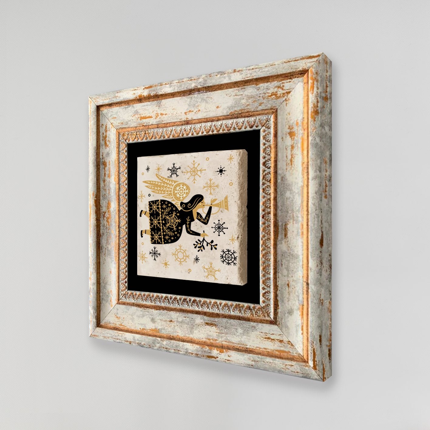 Quadro Decorativo em Pedra Natural com Moldura de Madeira - Impressão UV Multicolor 20x20cm