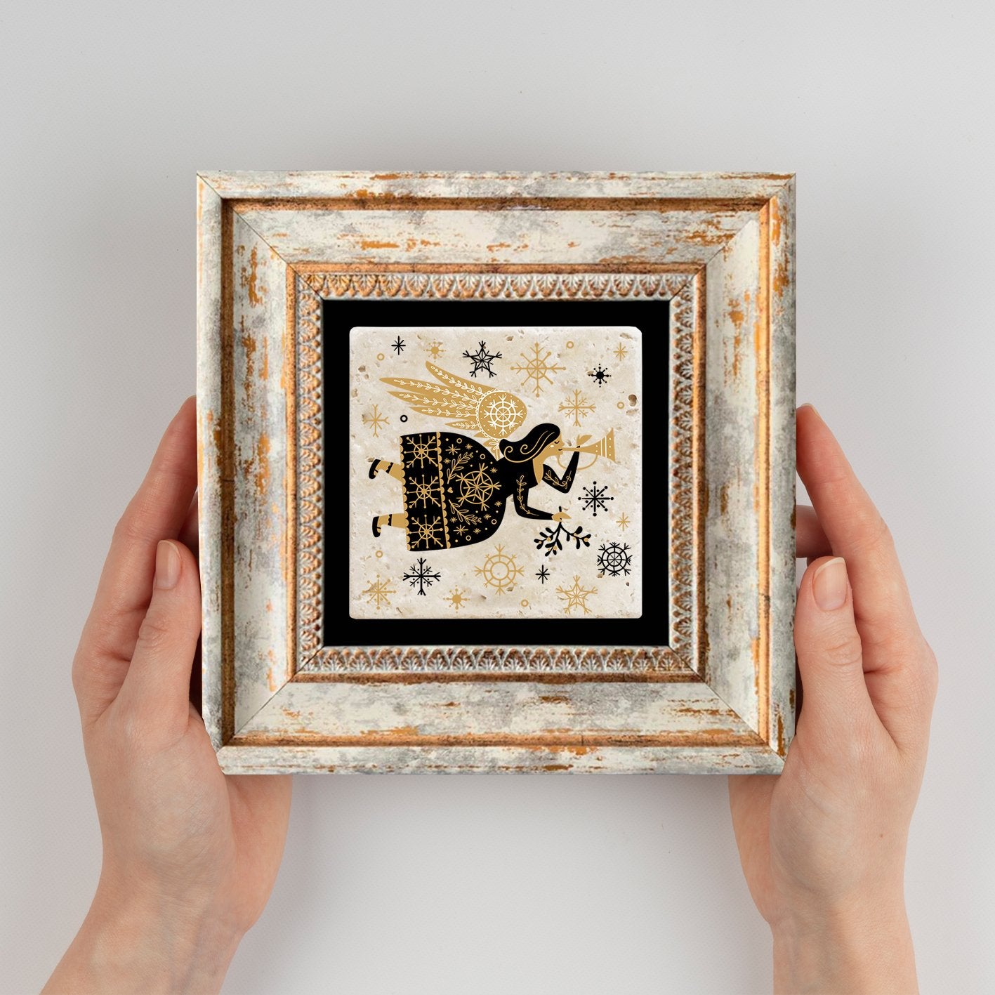 Quadro Decorativo em Pedra Natural com Moldura de Madeira - Impressão UV Multicolor 20x20cm