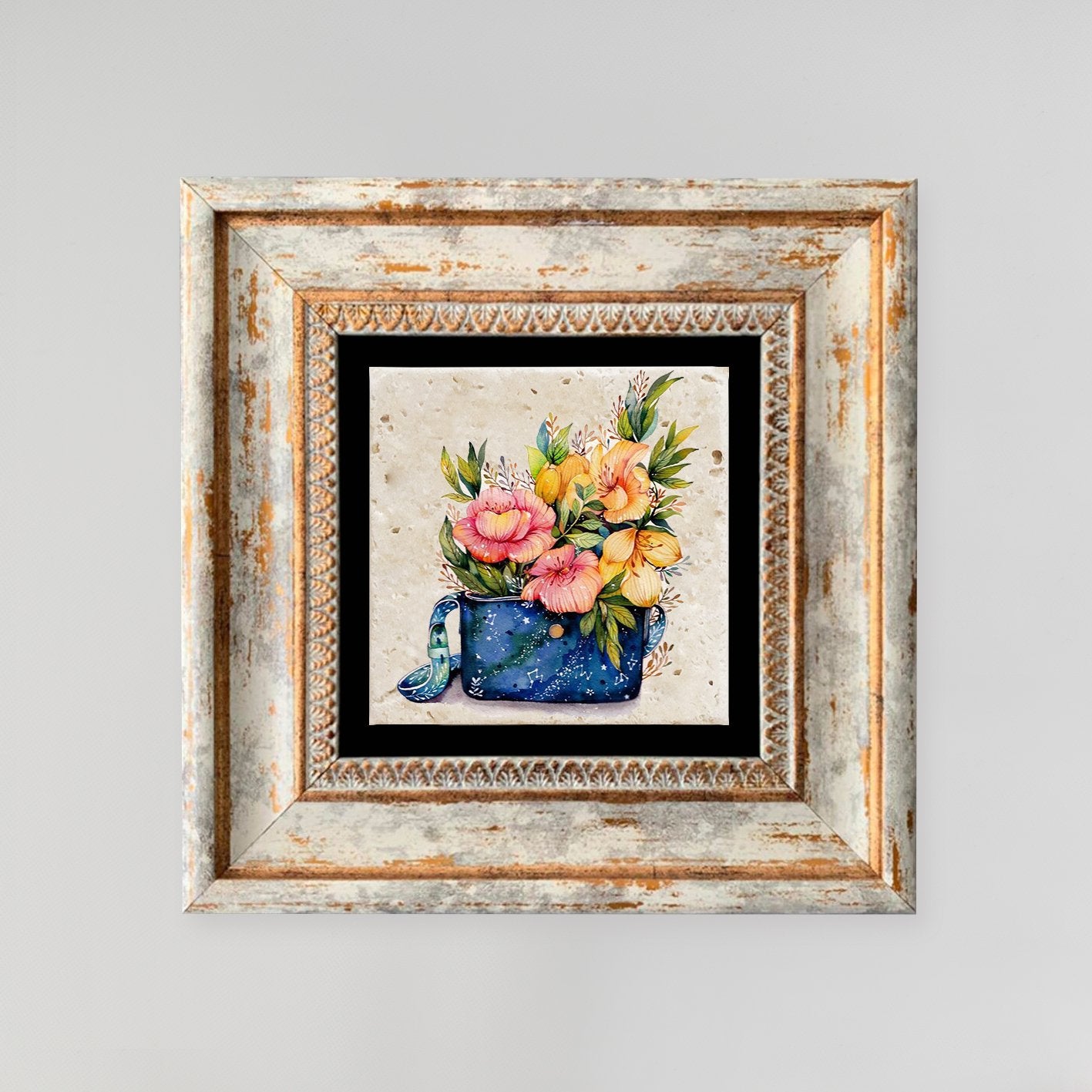 Quadro Decorativo em Pedra Natural com Moldura de Madeira - Impressão UV Multicolor 20x20cm