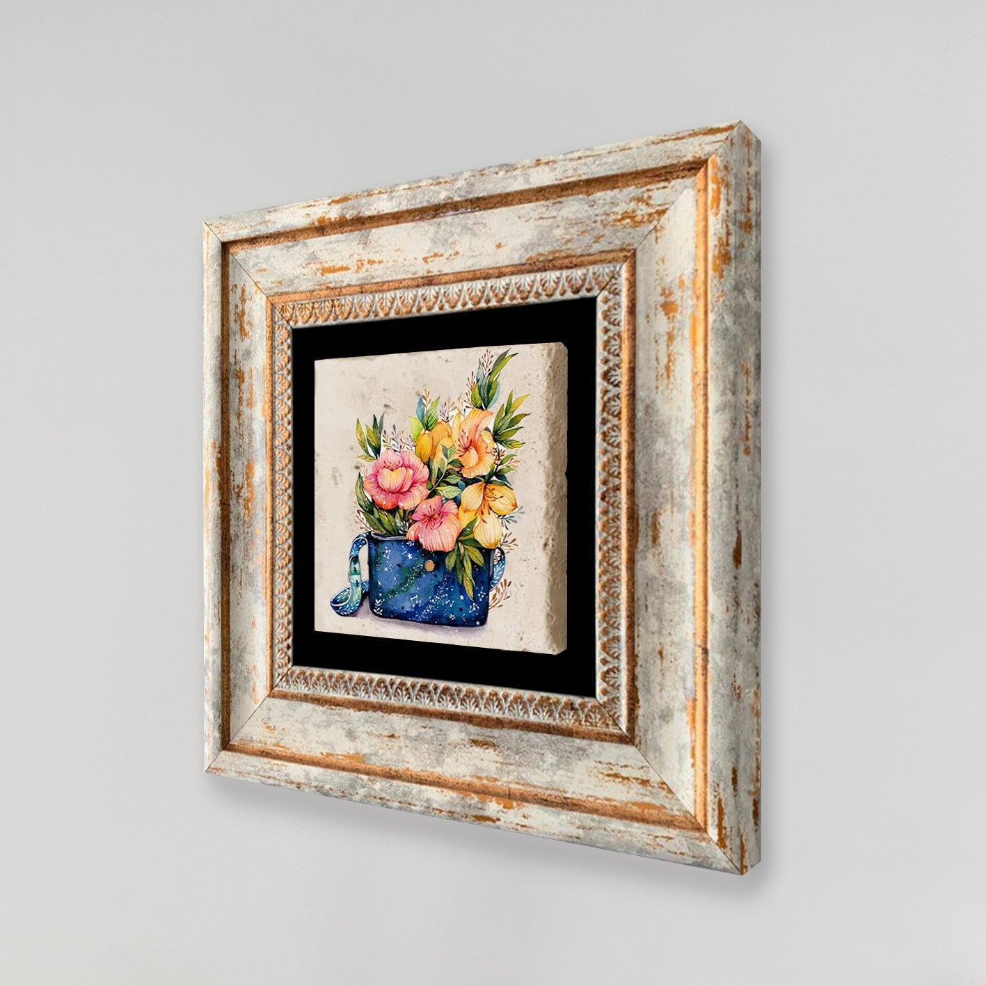 Quadro Decorativo em Pedra Natural com Moldura de Madeira - Impressão UV Multicolor 20x20cm