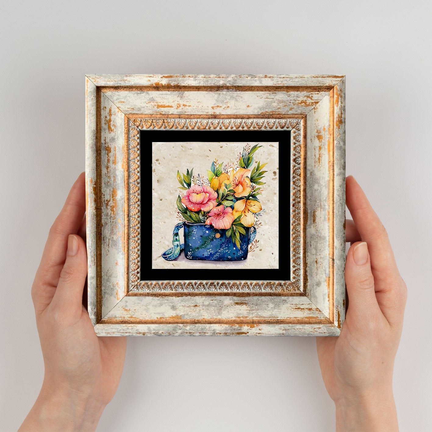 Quadro Decorativo em Pedra Natural com Moldura de Madeira - Impressão UV Multicolor 20x20cm