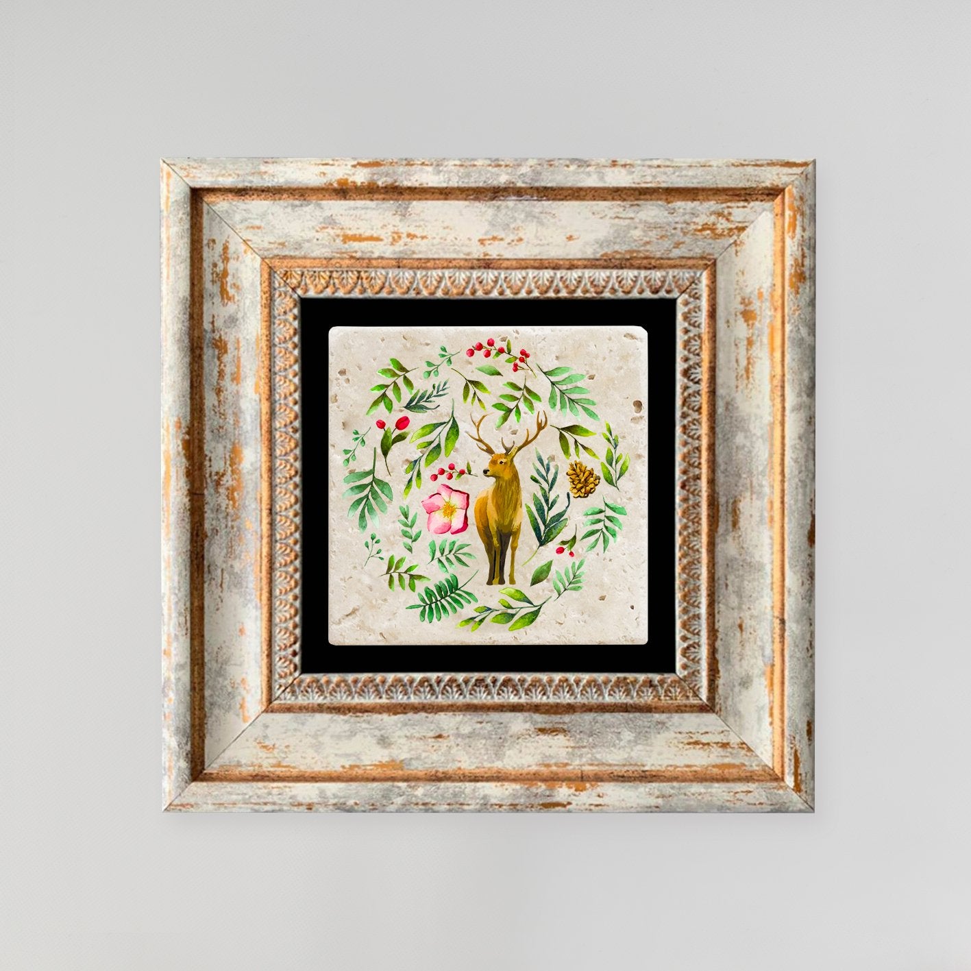 Quadro Decorativo em Pedra Natural com Moldura de Madeira - Impressão UV Multicolor 20x20cm