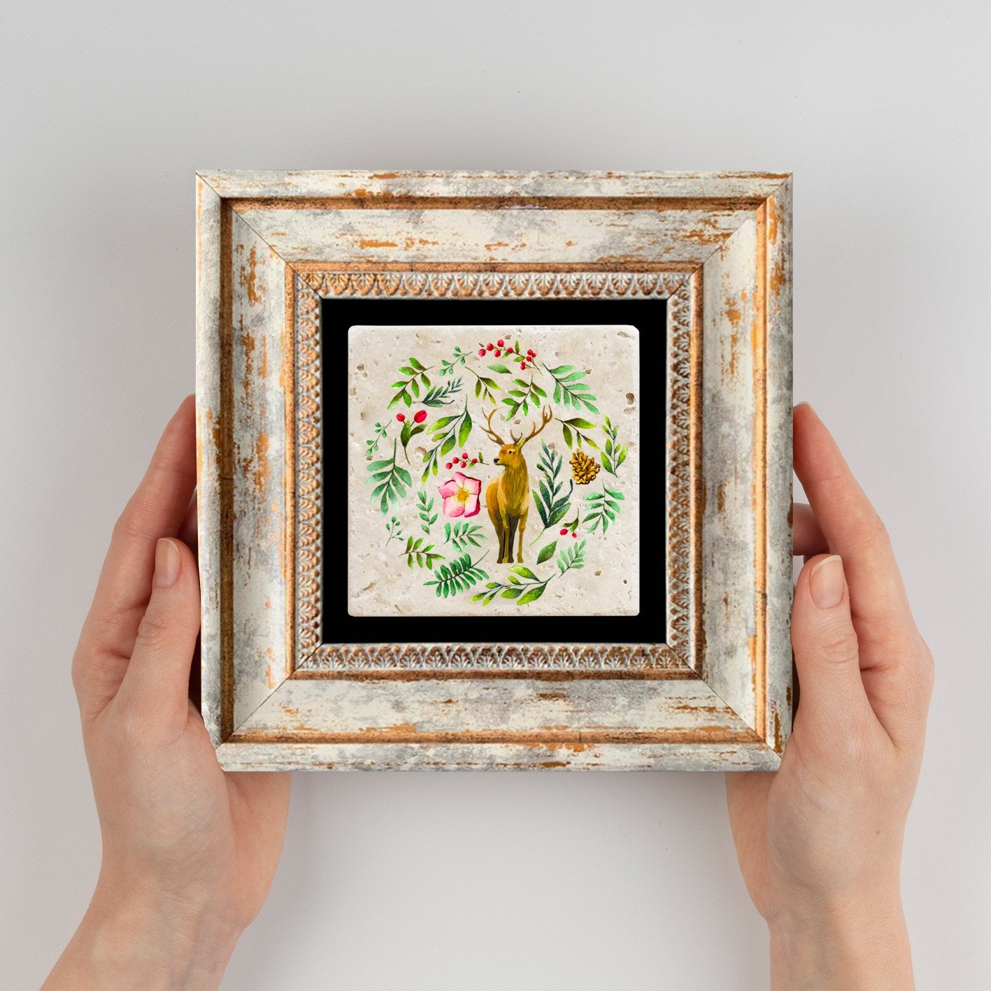 Quadro Decorativo em Pedra Natural com Moldura de Madeira - Impressão UV Multicolor 20x20cm