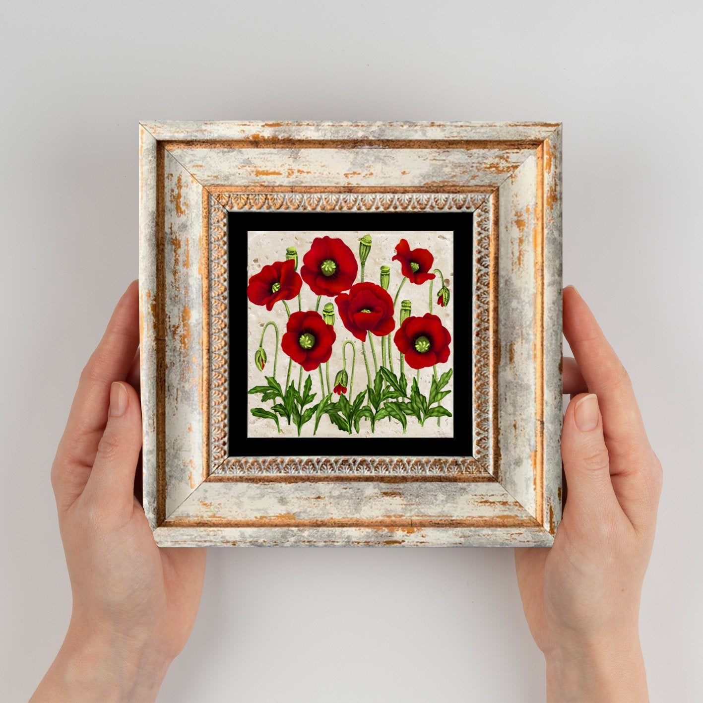 Pintura decorativa emoldurada – 20 x 20 cm – Pedra e madeira