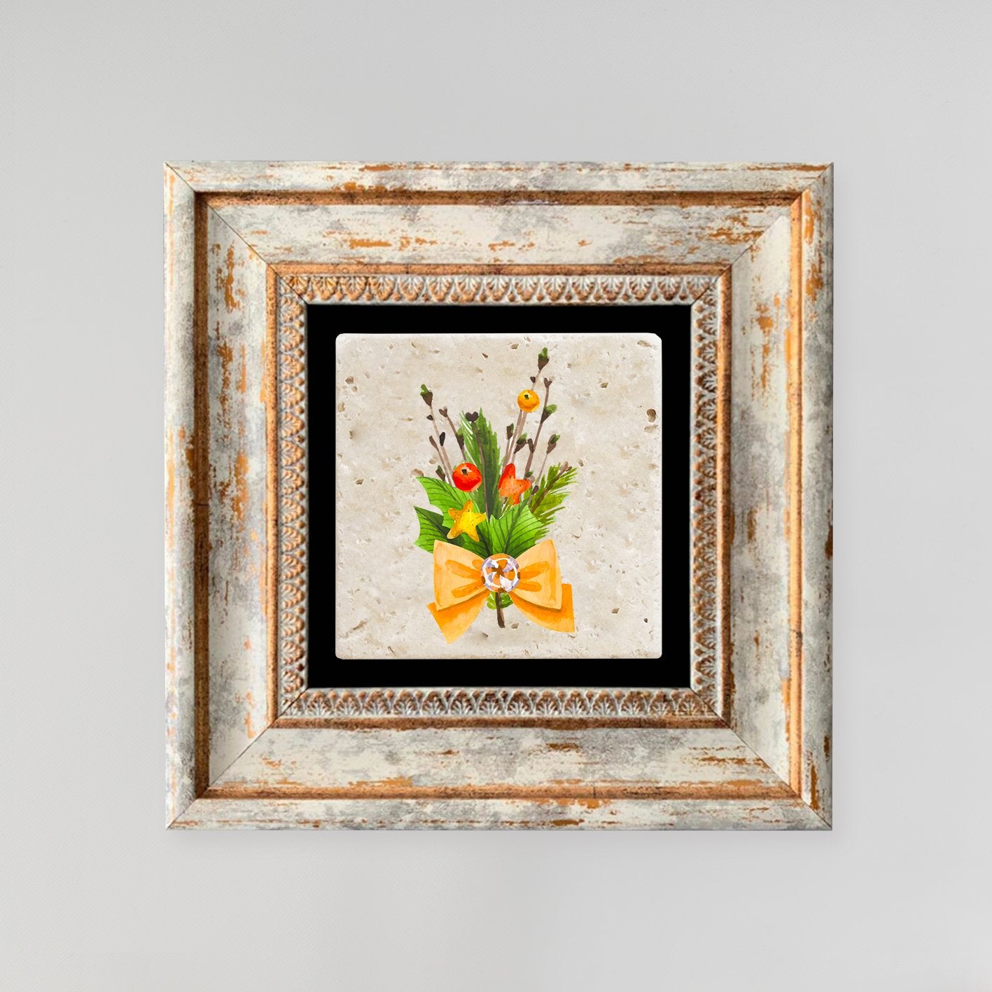 Quadro Decorativo em Pedra Natural com Moldura de Madeira - Impressão UV Multicolor 20x20cm
