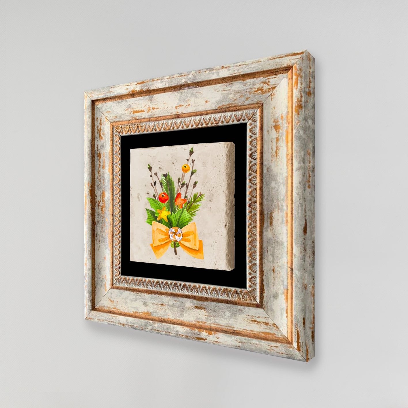 Quadro Decorativo em Pedra Natural com Moldura de Madeira - Impressão UV Multicolor 20x20cm