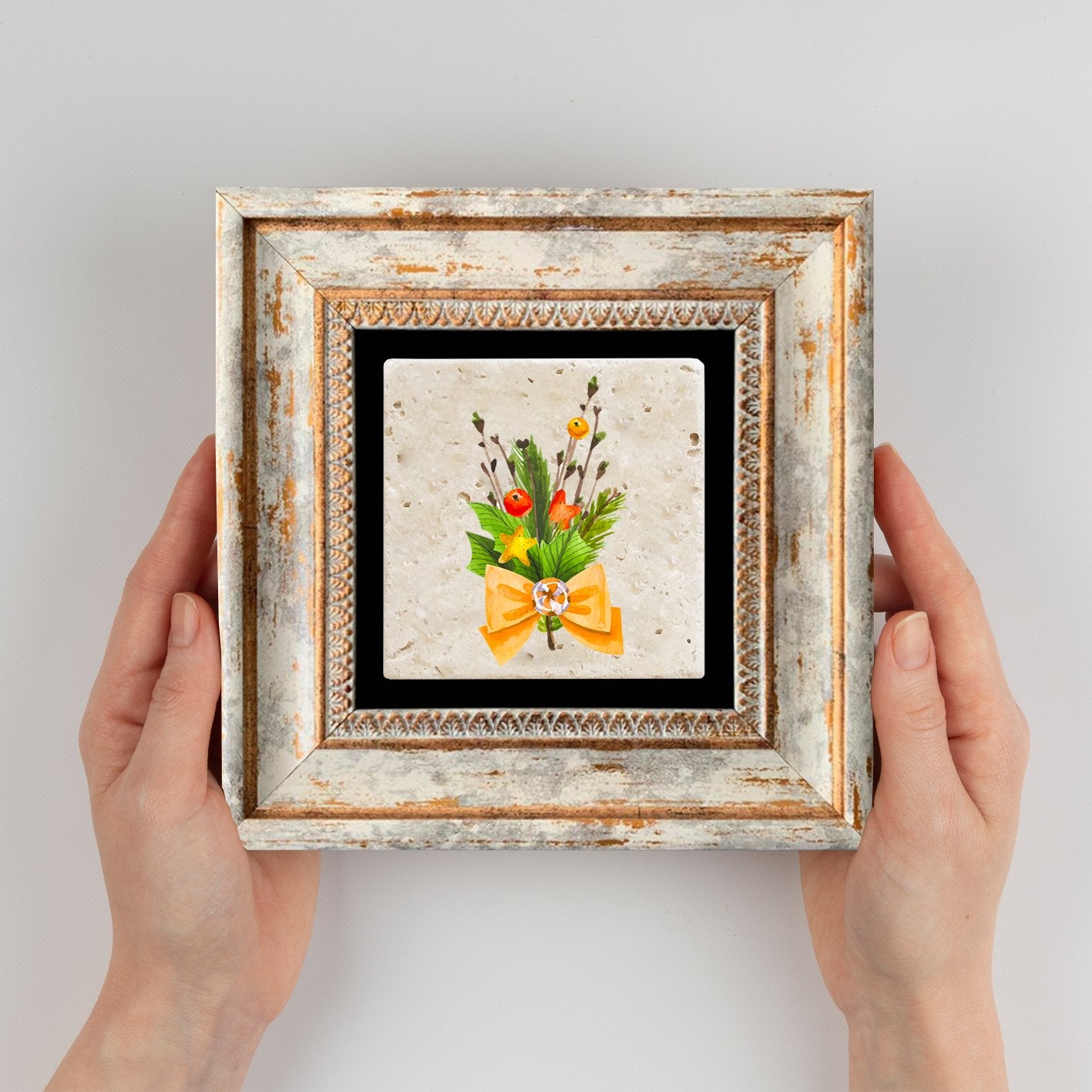 Quadro Decorativo em Pedra Natural com Moldura de Madeira - Impressão UV Multicolor 20x20cm