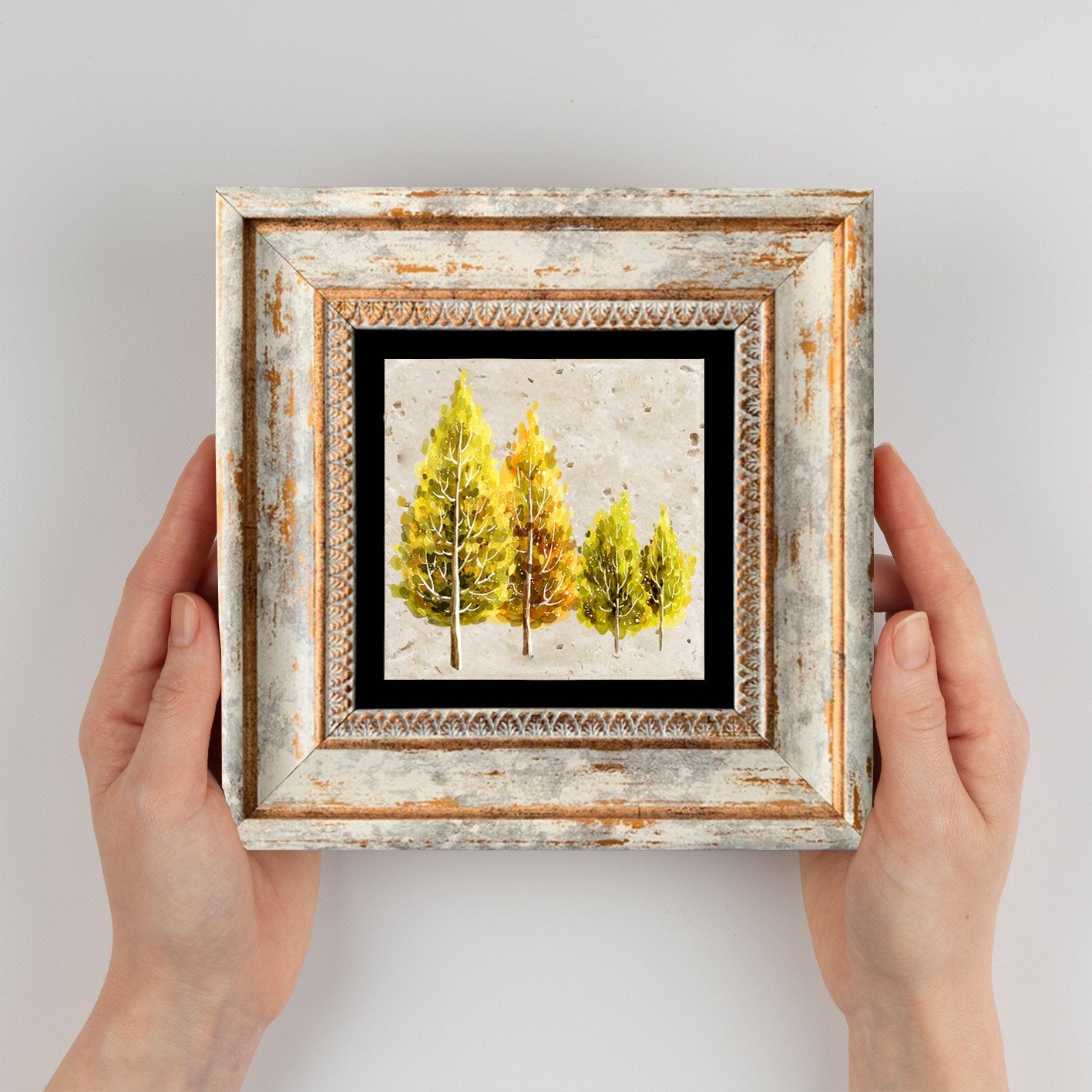 Quadro Decorativo em Pedra Natural com Moldura de Madeira - Impressão UV Multicolor 20x20cm