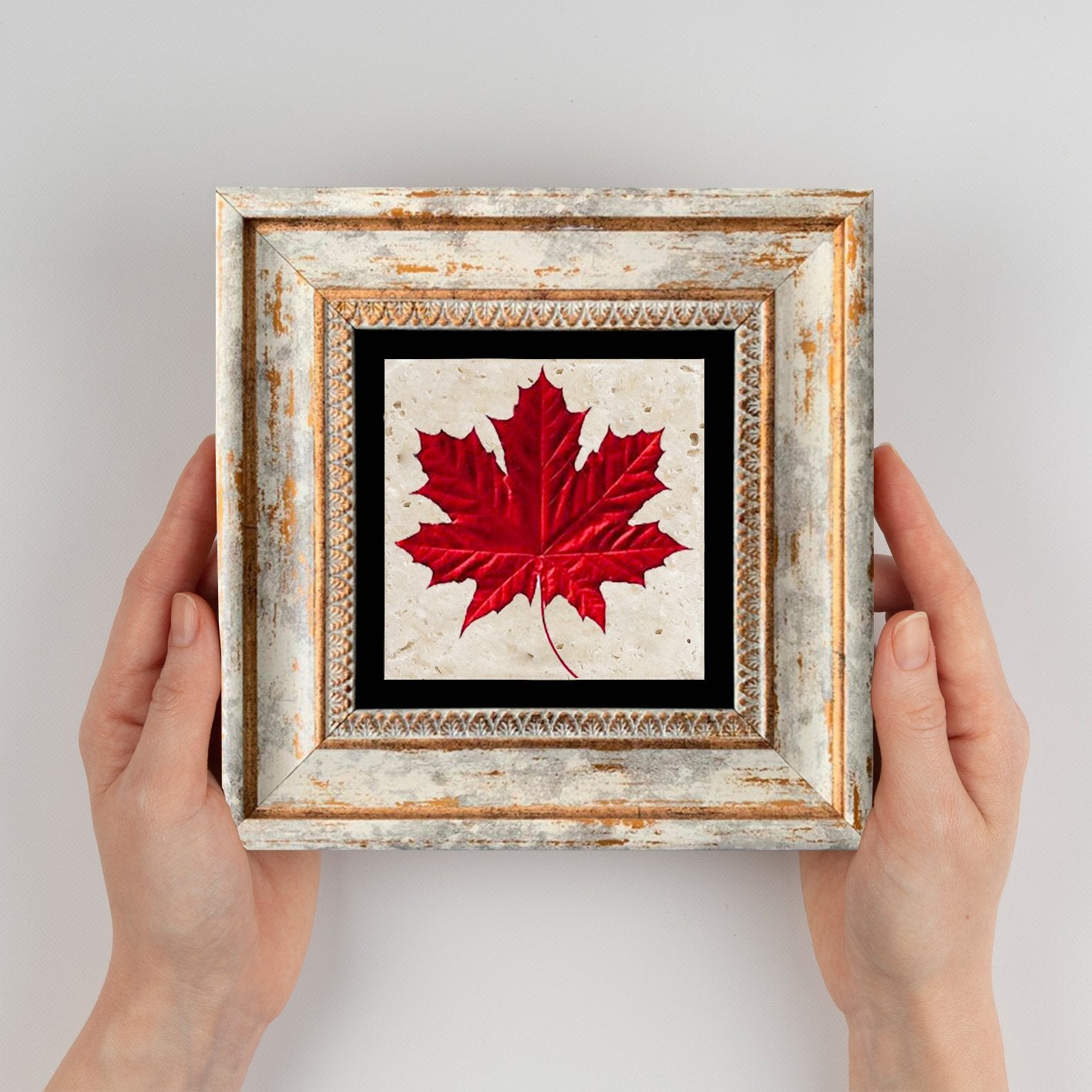 Quadro Decorativo em Pedra Natural com Moldura de Madeira - Impressão UV Multicolor 20x20cm