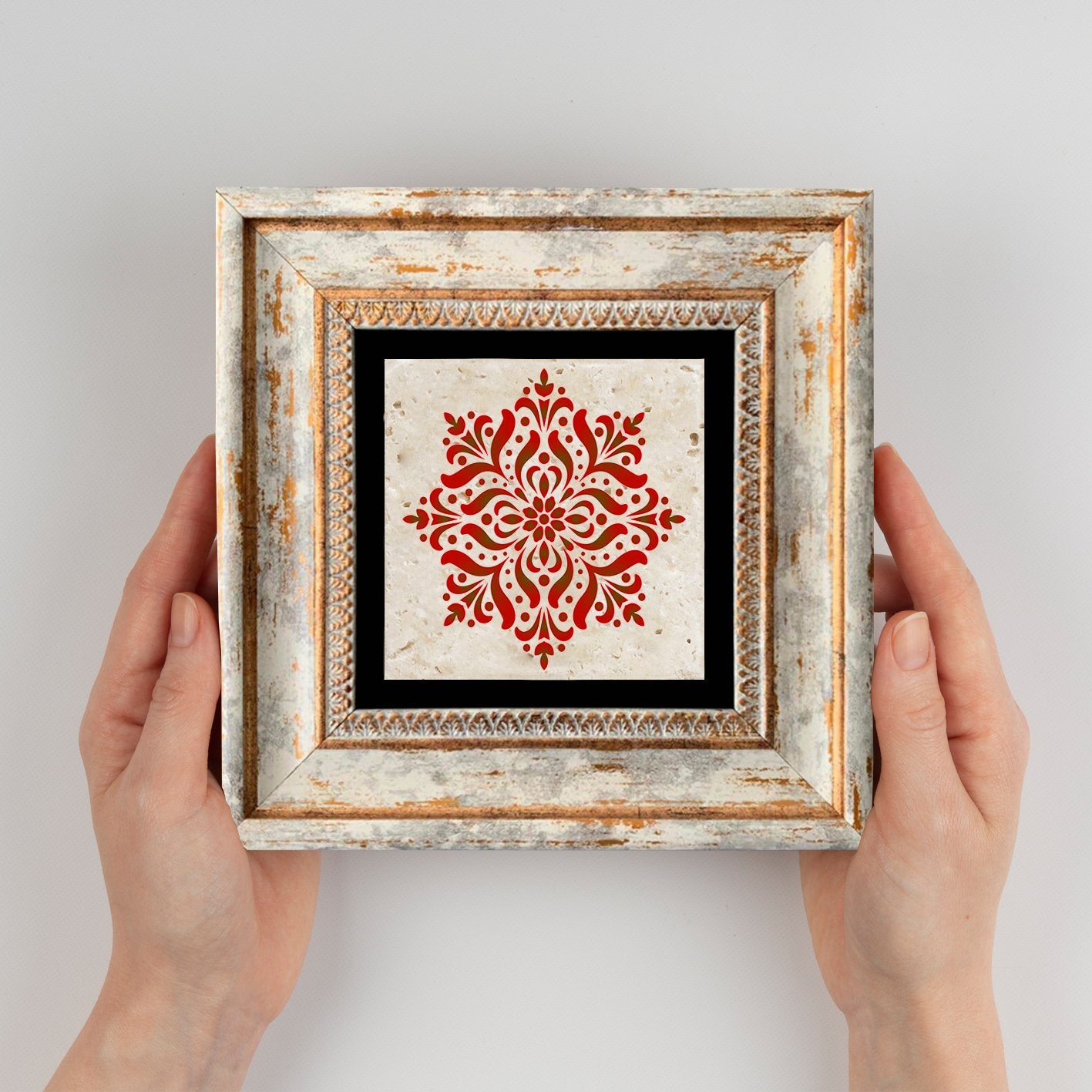 Quadro Decorativo em Pedra Natural com Moldura de Madeira - Impressão UV Multicolor 20x20cm