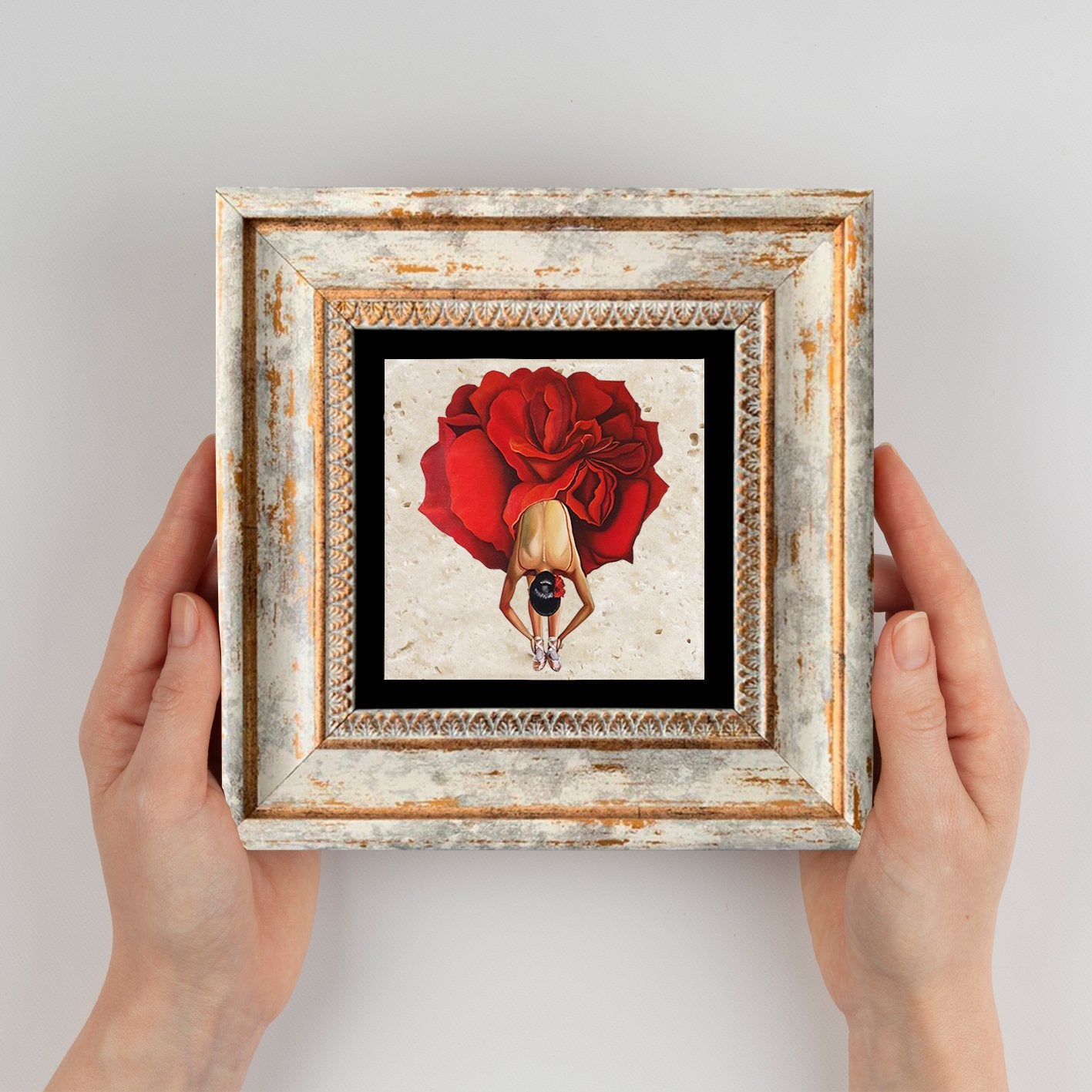 Quadro Decorativo em Pedra Natural com Moldura de Madeira - Impressão UV Multicolor 20x20cm