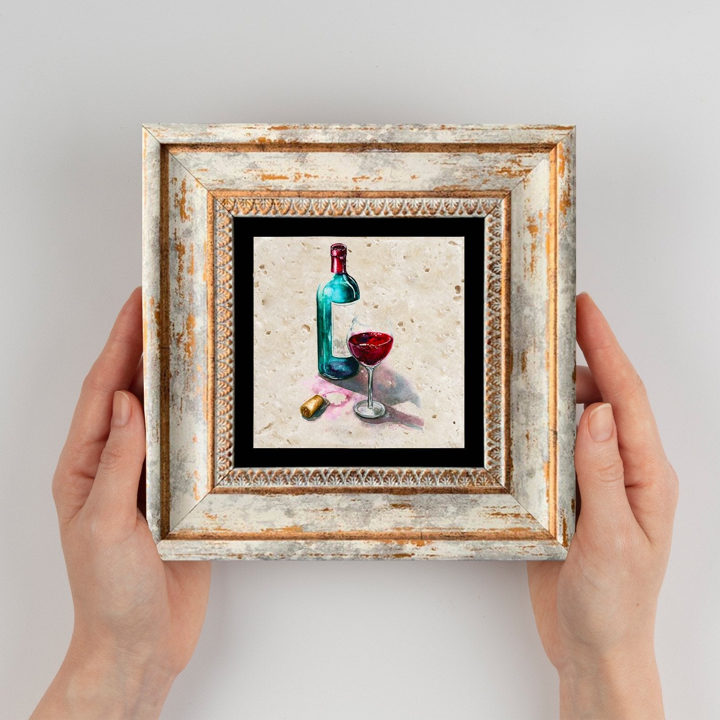 Quadro Decorativo em Pedra Natural com Moldura de Madeira - Impressão UV Multicolor 20x20cm