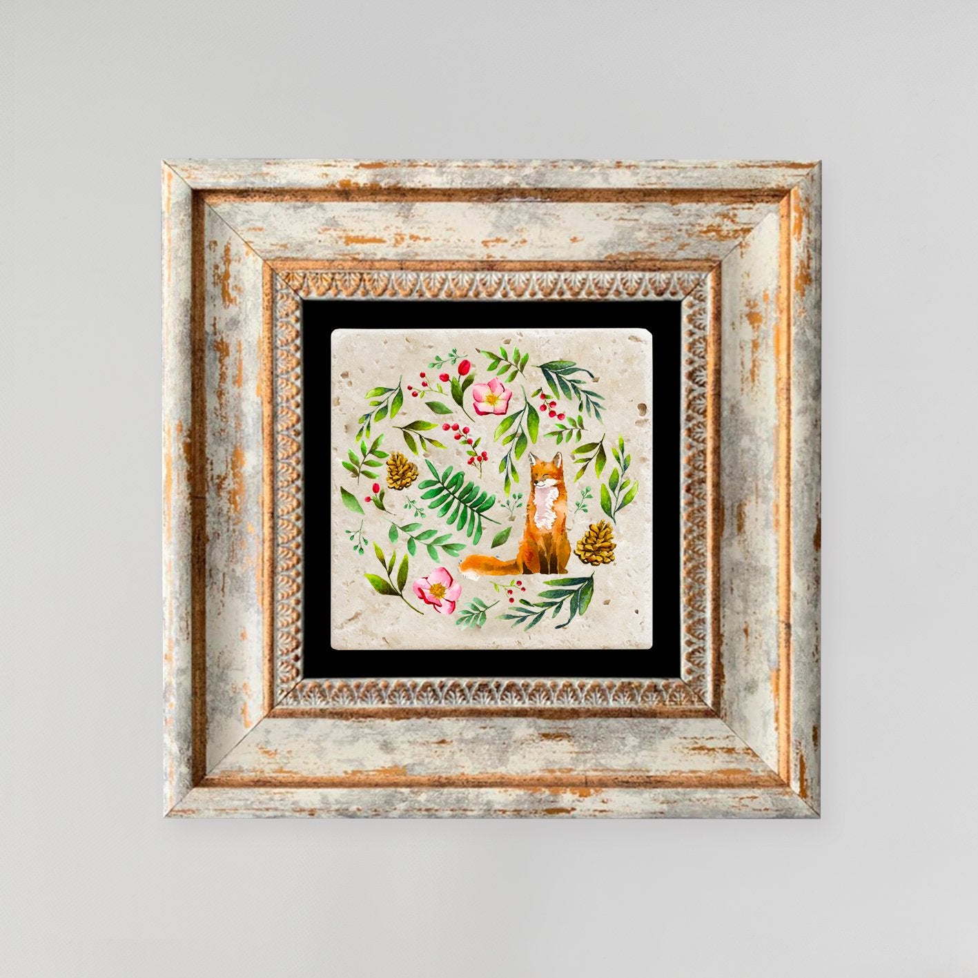 Quadro Decorativo em Pedra Natural com Moldura de Madeira - Impressão UV Multicolor 20x20cm