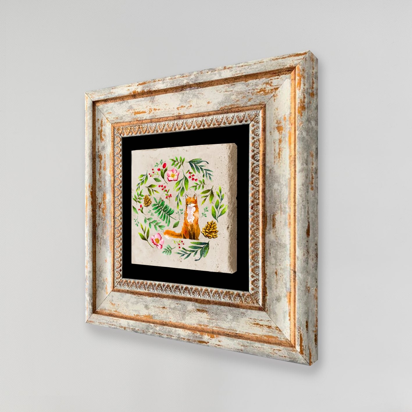 Quadro Decorativo em Pedra Natural com Moldura de Madeira - Impressão UV Multicolor 20x20cm