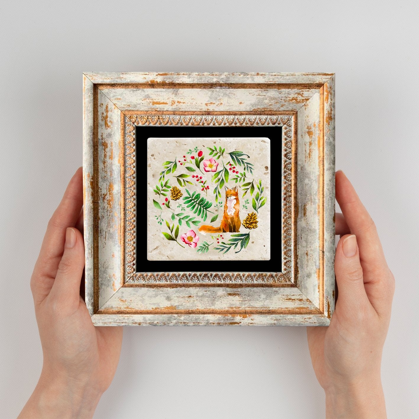 Quadro Decorativo em Pedra Natural com Moldura de Madeira - Impressão UV Multicolor 20x20cm