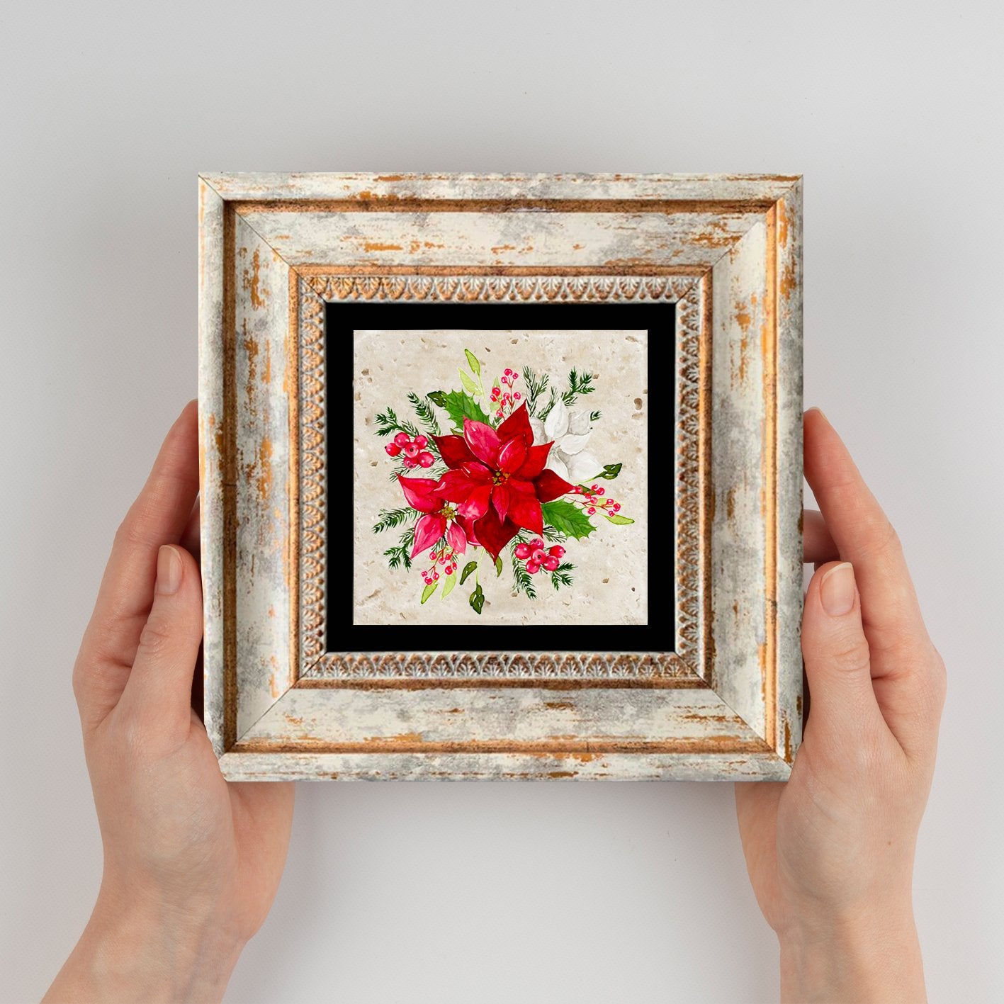 Quadro Decorativo em Pedra Natural com Moldura de Madeira - Impressão UV Multicolor 20x20cm