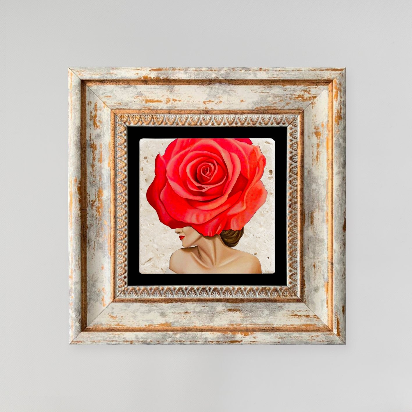 Quadro Decorativo em Pedra Natural com Moldura de Madeira - Impressão UV Multicolor 20x20cm