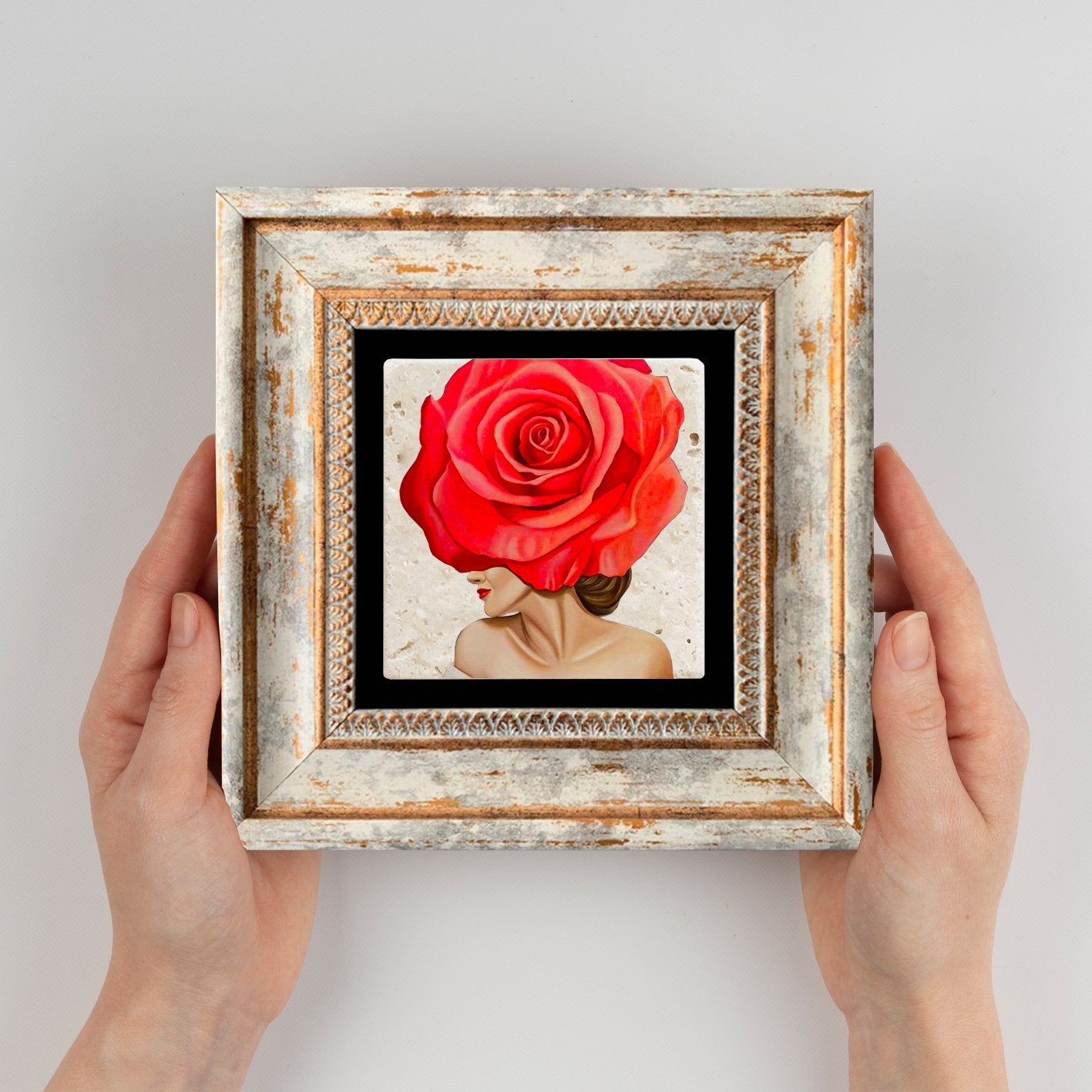 Quadro Decorativo em Pedra Natural com Moldura de Madeira - Impressão UV Multicolor 20x20cm