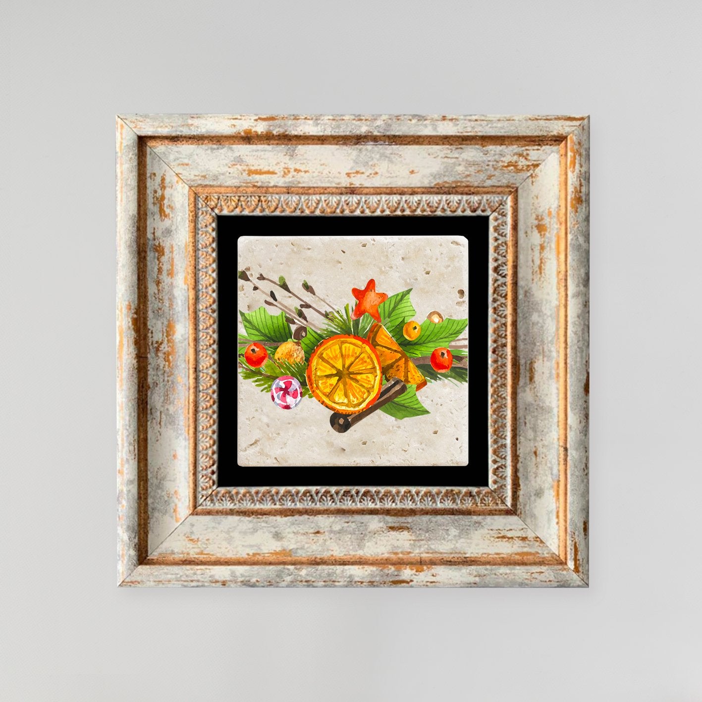 Quadro Decorativo em Pedra Natural com Moldura de Madeira - Impressão UV Multicolor 20x20cm