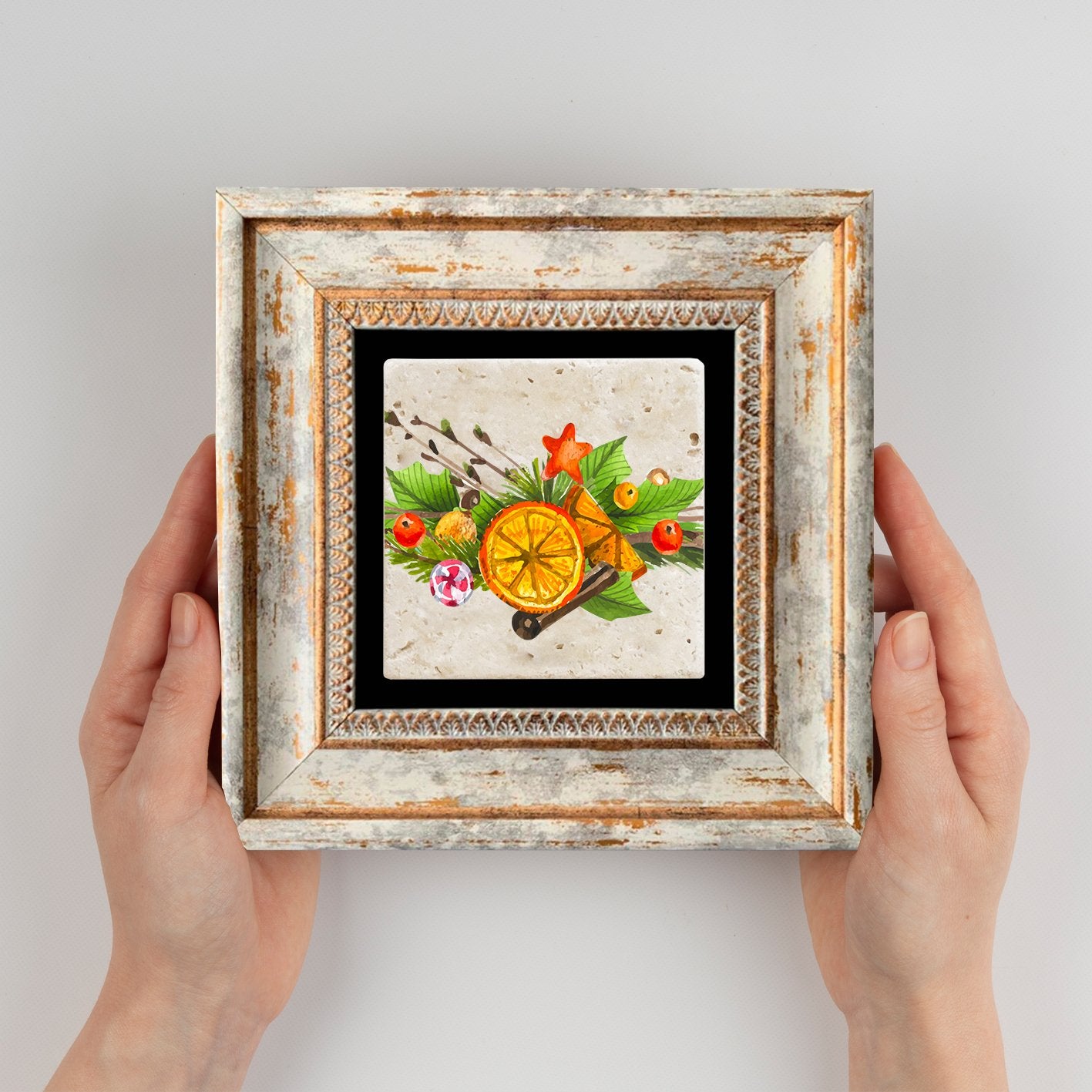 Quadro Decorativo em Pedra Natural com Moldura de Madeira - Impressão UV Multicolor 20x20cm