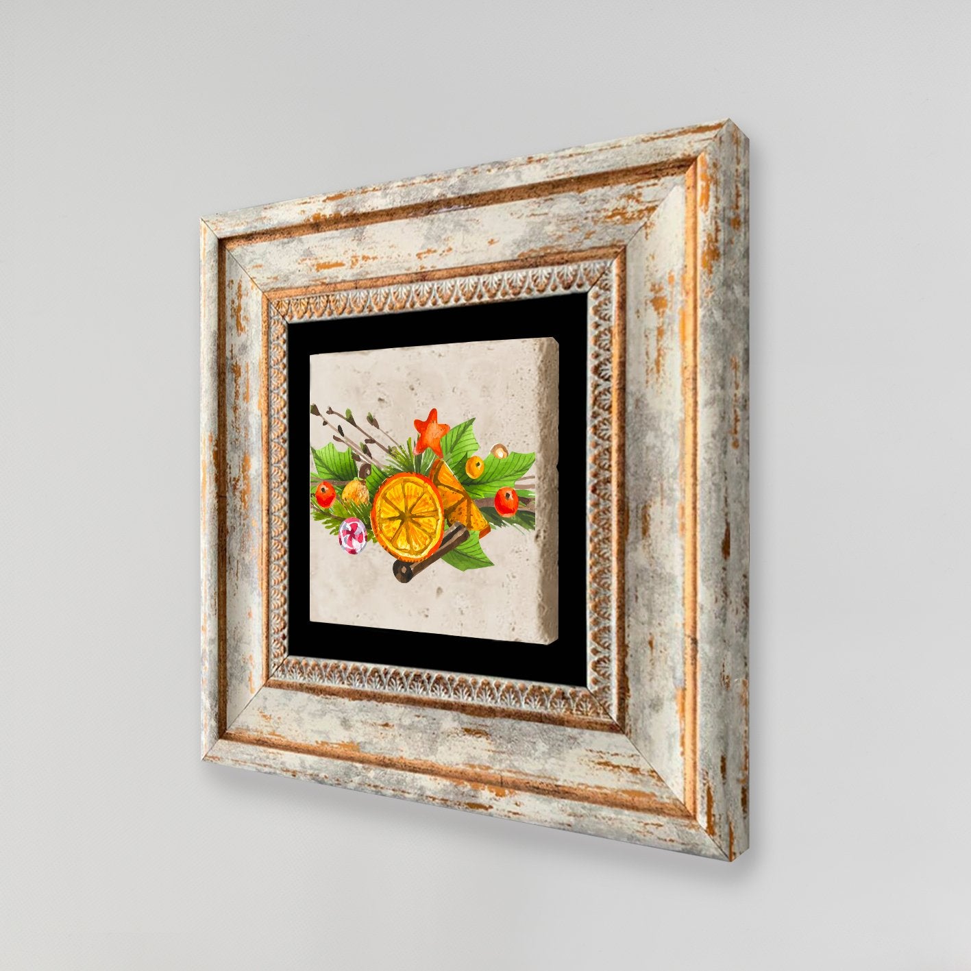 Quadro Decorativo em Pedra Natural com Moldura de Madeira - Impressão UV Multicolor 20x20cm